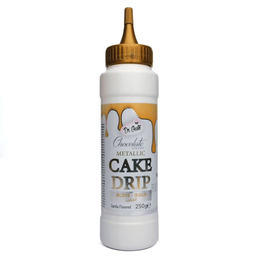 Metalik Altın Cake Drip 250 g – Pasta ve Tatlı Üzeri Parlak Altın Çikolata Kaplama Sosu