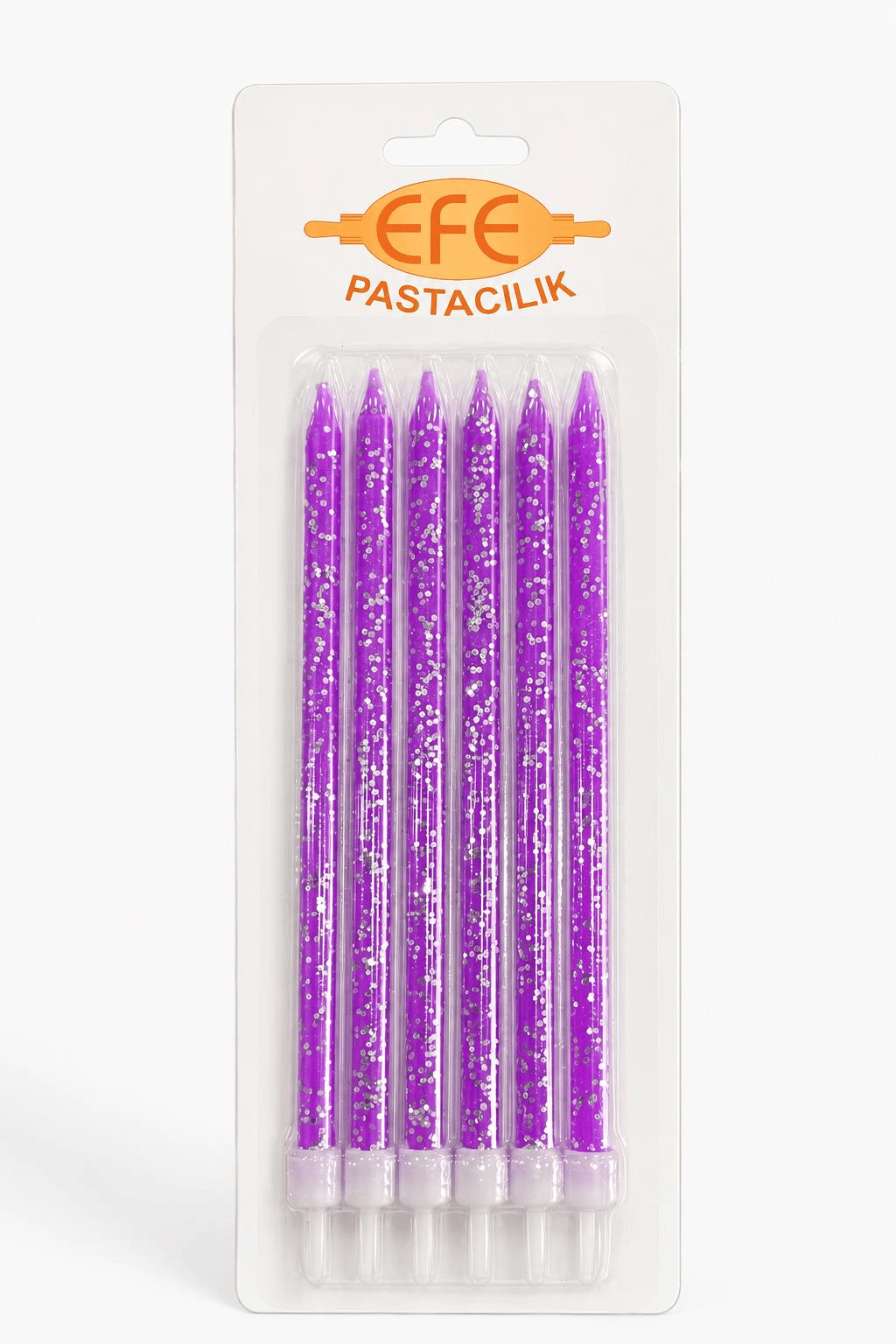 Mor Gümüş Simli Uzun Pasta Mumu 17 Cm