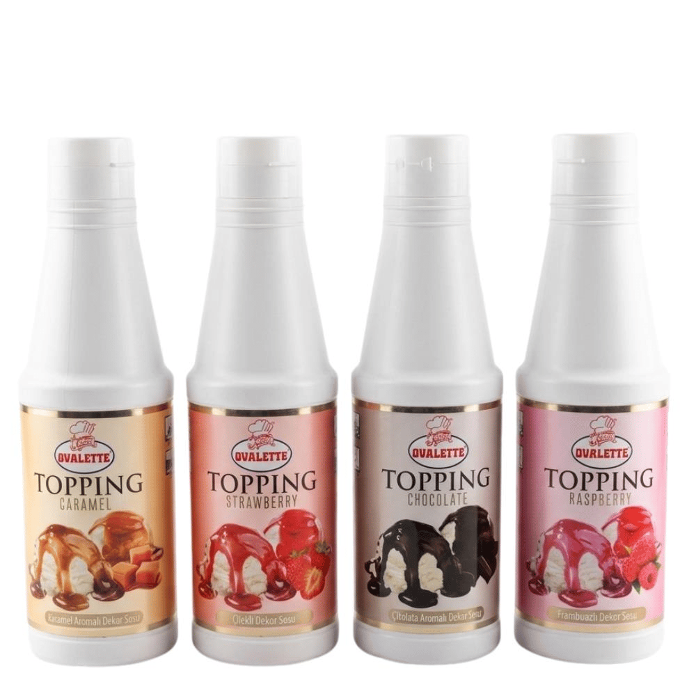 Ovalette Topping 4’lü Sos Seti Çilek, Karamel, Çikolata ve Frambuaz 1 Kg – Waffle, Pancake ve Tatlı Sunumları İçin Profesyonel Sos Seti