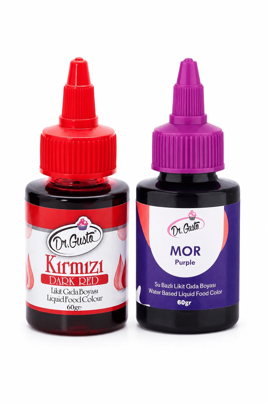 Dr. GustoSu Bazlı Likit Gıda Boyası (60gr renkler) Kırmızı+Mor 2'li Set