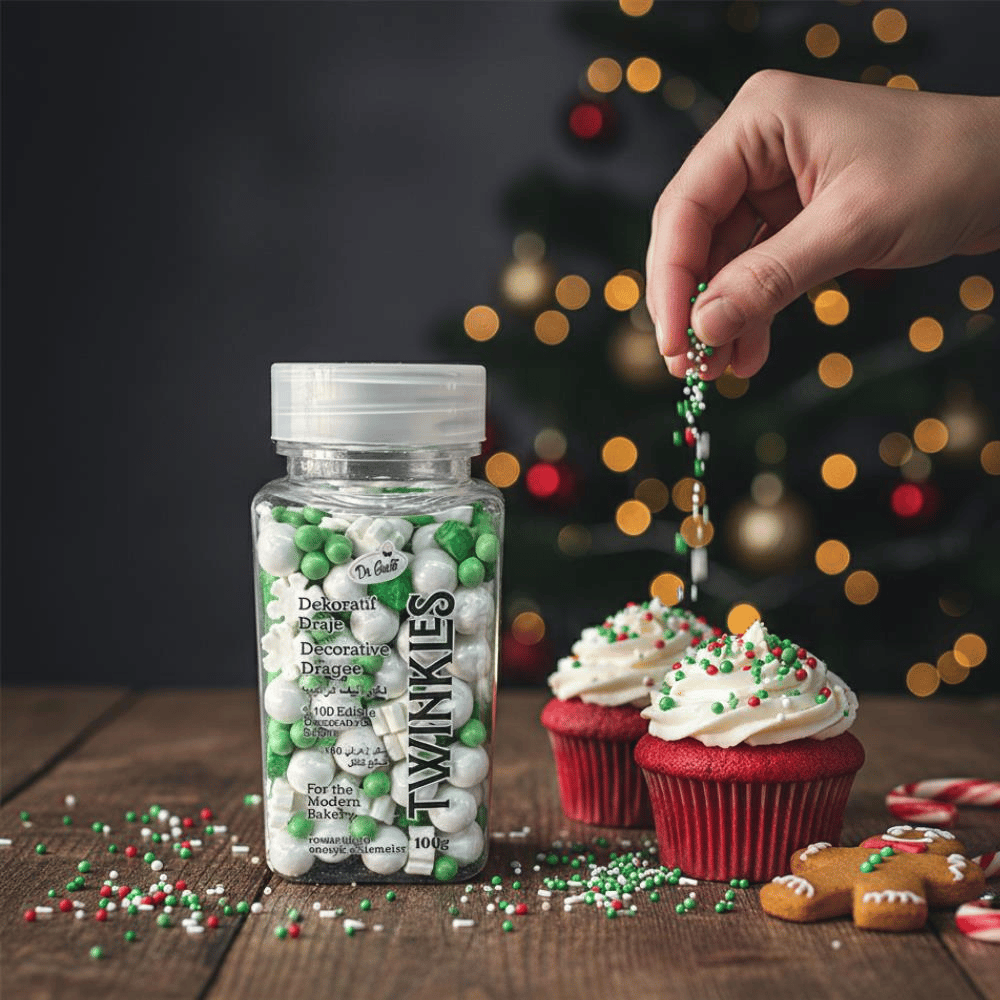 Kar Taneli Cupcake Pasta Süsleme Şekeri Yeşil–Beyaz 100 g | Yılbaşı Temalı Dekor Şekeri