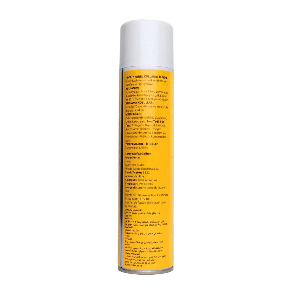 Sarı Kadife Sprey Pasta Boyası 250 ml – Pasta, Mousse, Tatlı ve Şekerleme Kaplama Spreyi