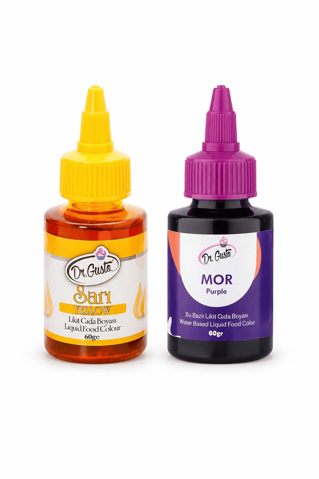 Dr. GustoSu Bazlı Likit Gıda Boyası (60gr renkler) Sarı+Mor 2'li Set