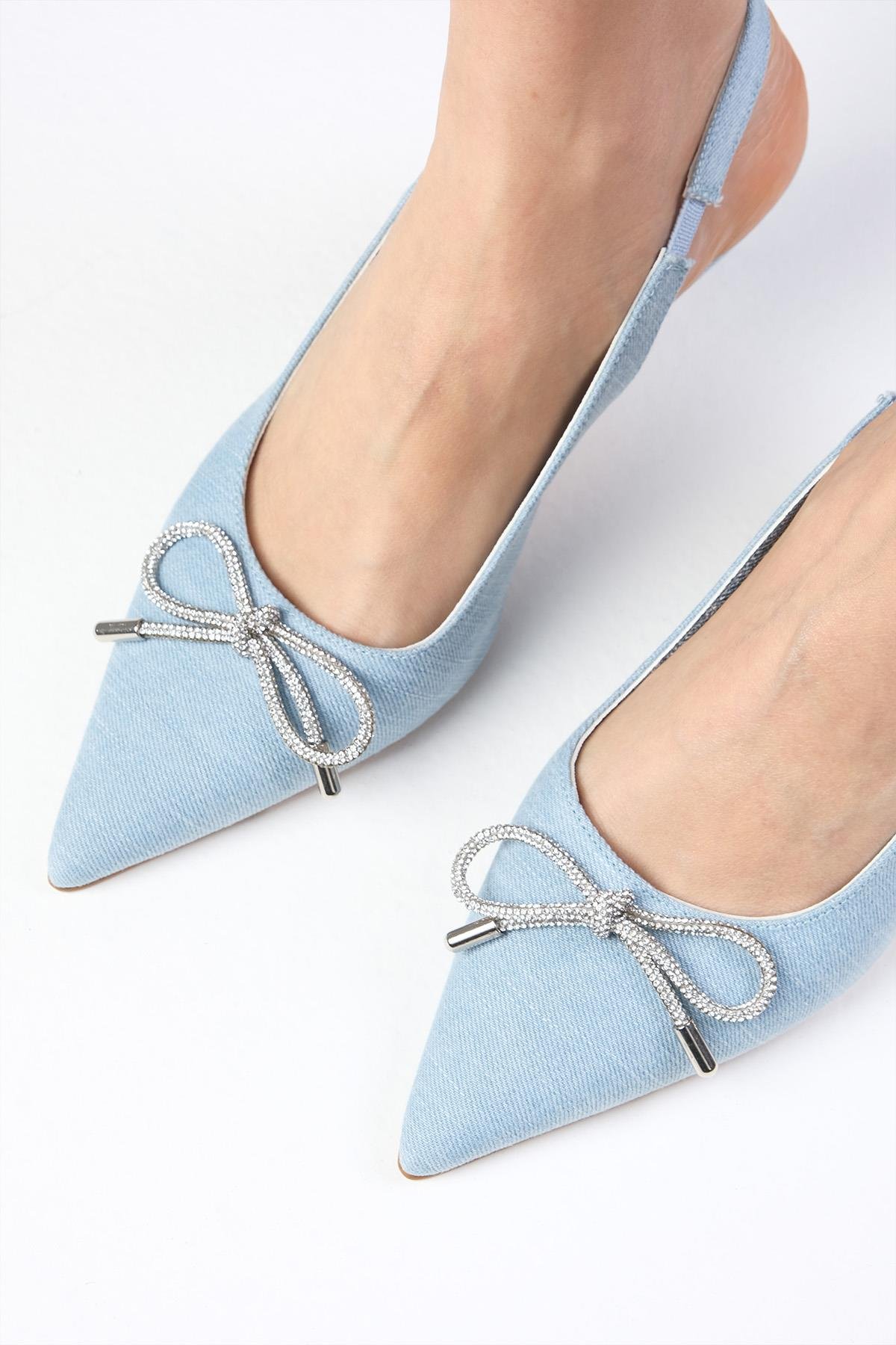 Alexis Buz Mavisi Renk Denim Kumaş Topuklu Ayakkabı-Yüksek Topuklu-Mio Gusto-01526BUK
