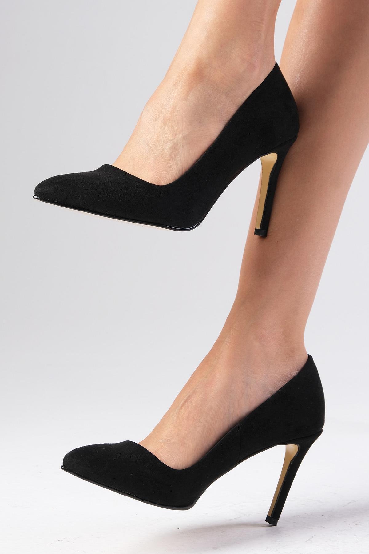 Basic Siyah Renk Süet Stiletto-Yüksek Topuklu-Mio Gusto-09033BLS