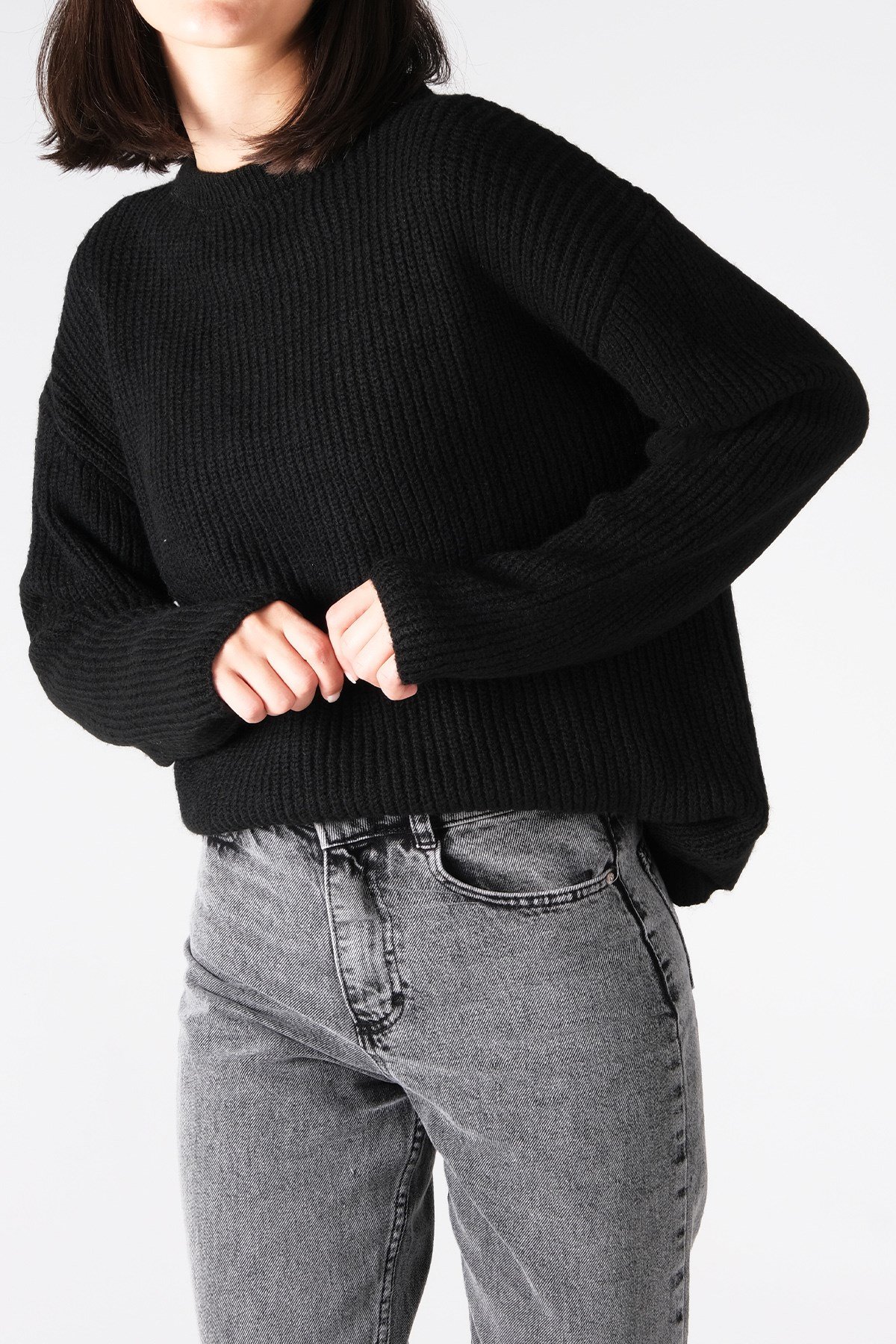Bisiklet Yaka Siyah Triko Kazak-Kazak-Mio Gusto-G0033BLK