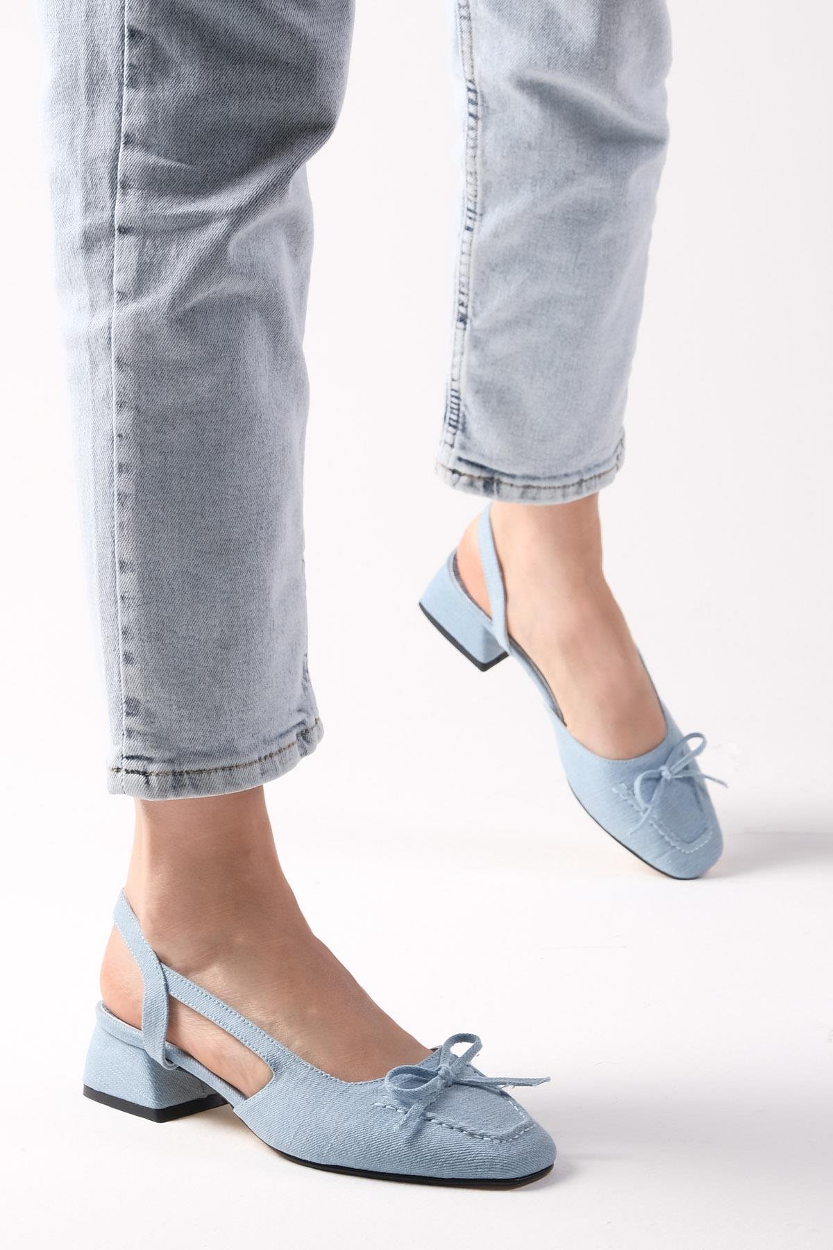 Bria Mavi Renk Denim Kumaş Kısa Topuklu Ayakkabı-Kısa Topuklu-Mio Gusto-01478BUK