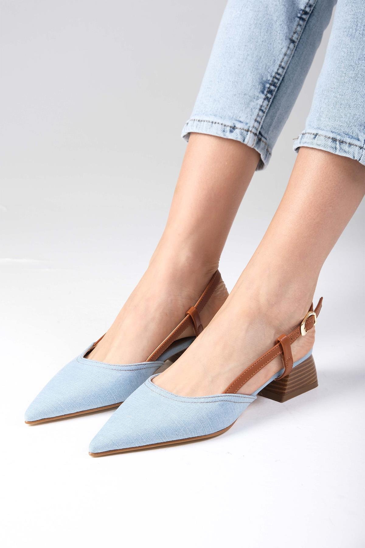 Carly Mavi Renk Denim Kumaş Kısa Topuklu Ayakkabı-Kısa Topuklu-Mio Gusto-01477BUK