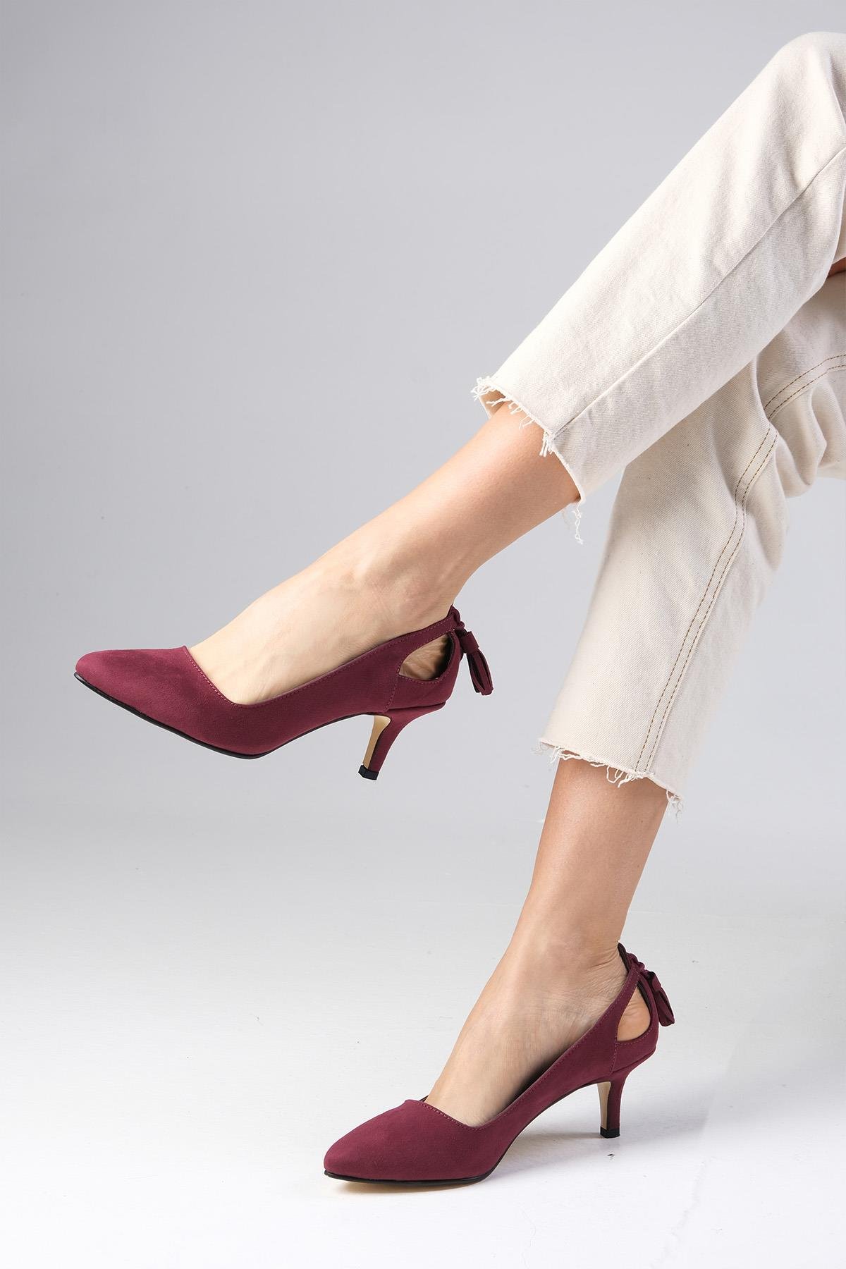 Drop Bordo Renk Süet Topuklu Ayakkabı-Kısa Topuklu-Mio Gusto-09037WRS