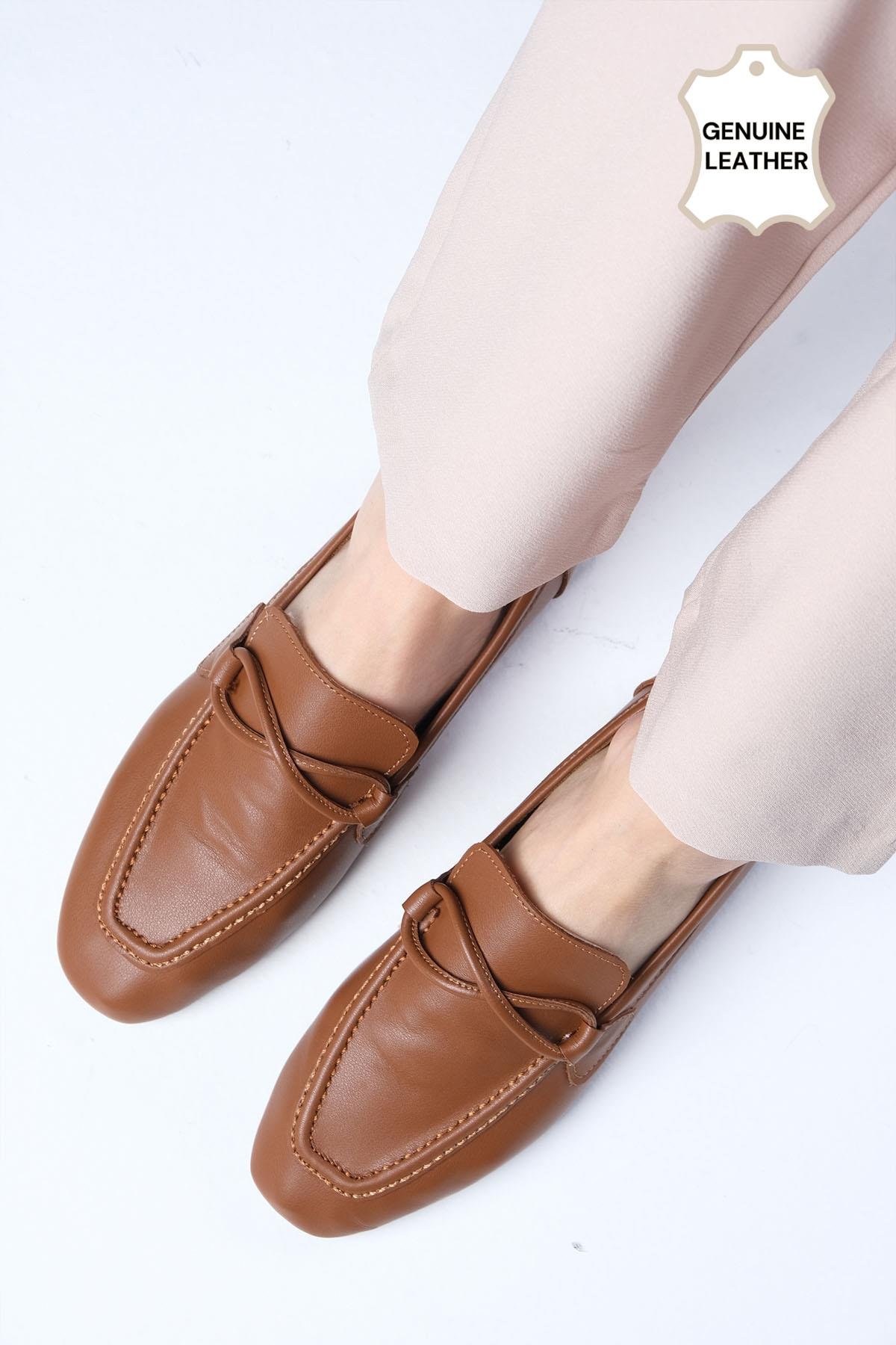 Fiona Hakiki Deri Taba Renk Loafer-DÜZ AYAKKABI-Mio Gusto-01531TAC