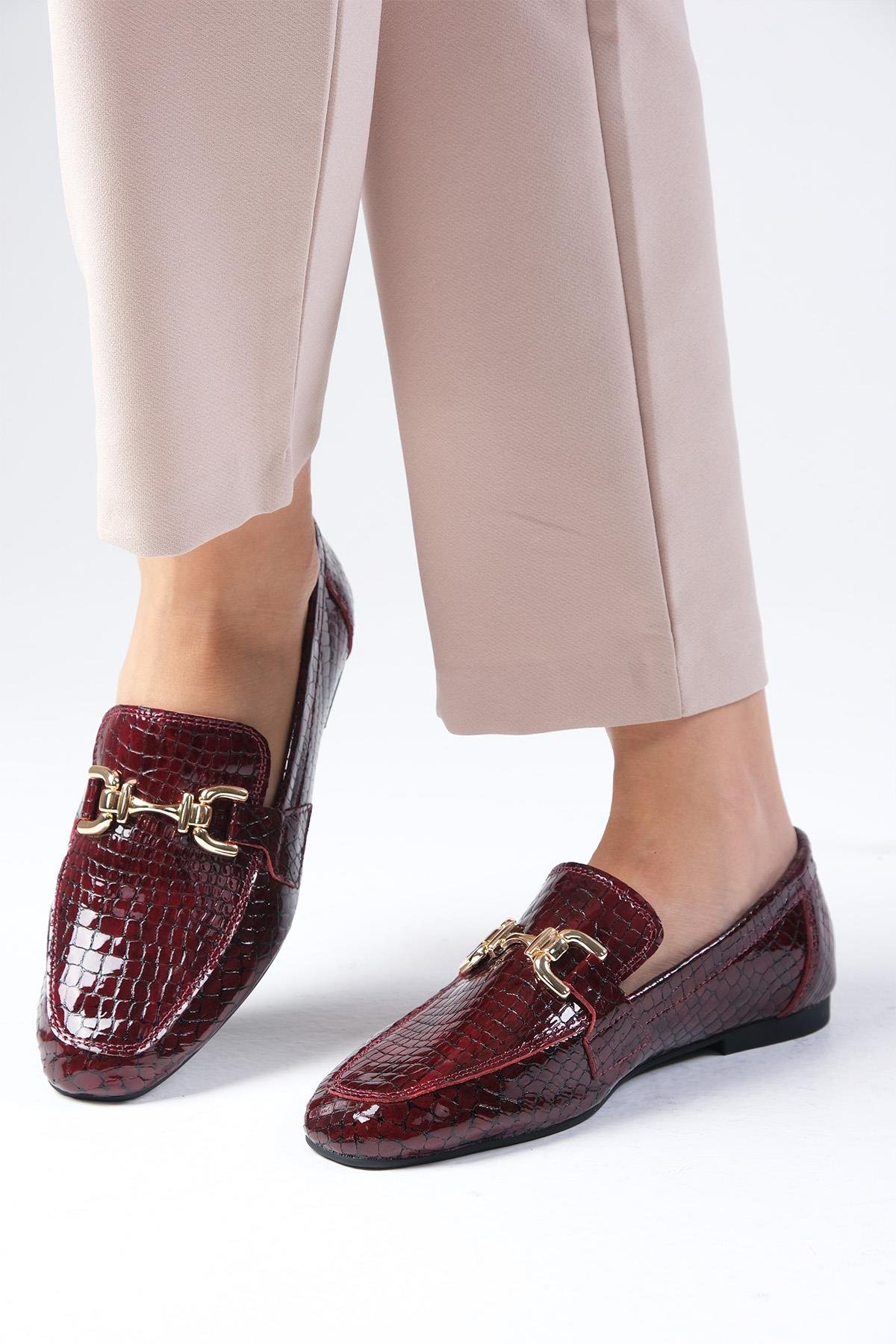 Jordane Hakiki Deri Bordo Renk Loafer-DÜZ AYAKKABI-Mio Gusto-01556WRX
