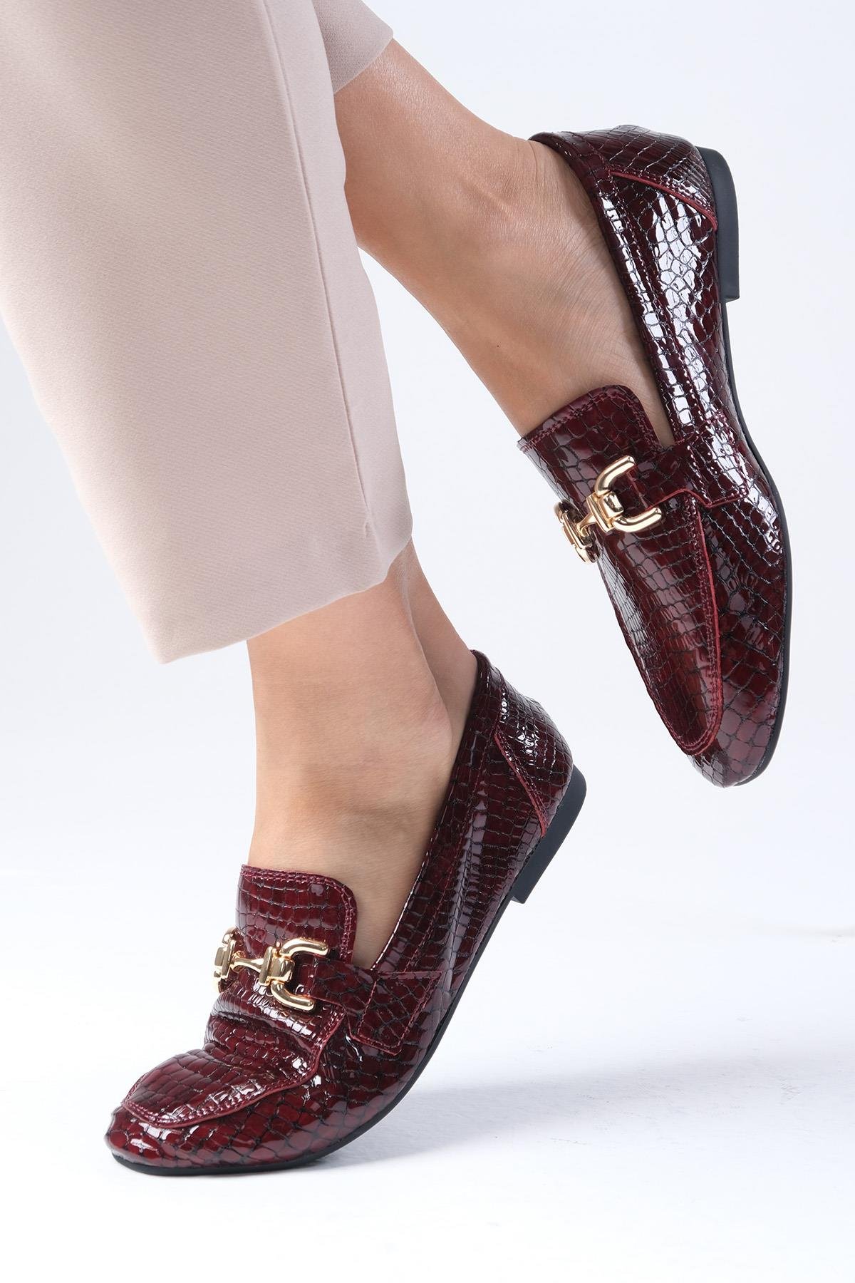 Jordane Hakiki Deri Bordo Renk Loafer-DÜZ AYAKKABI-Mio Gusto-01556WRX