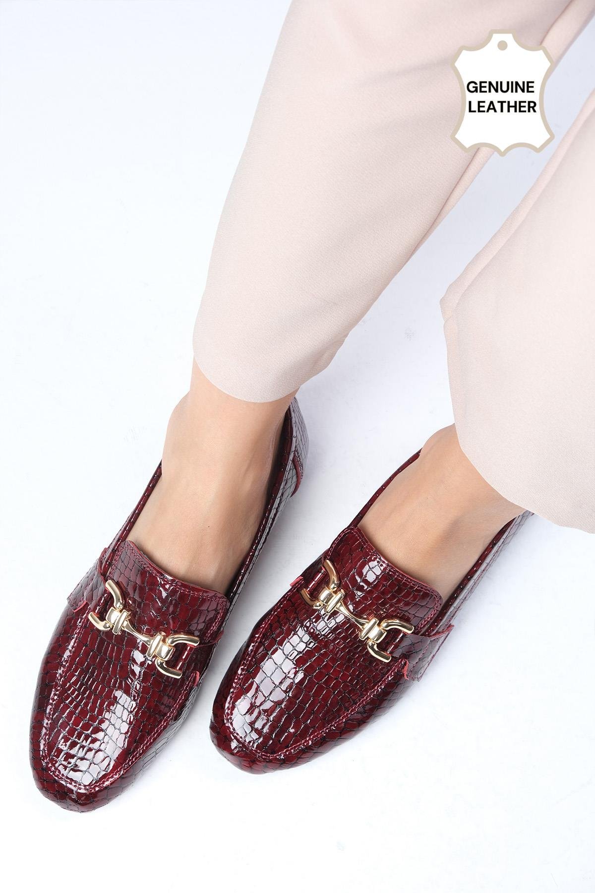 Jordane Hakiki Deri Bordo Renk Loafer-DÜZ AYAKKABI-Mio Gusto-01556WRX