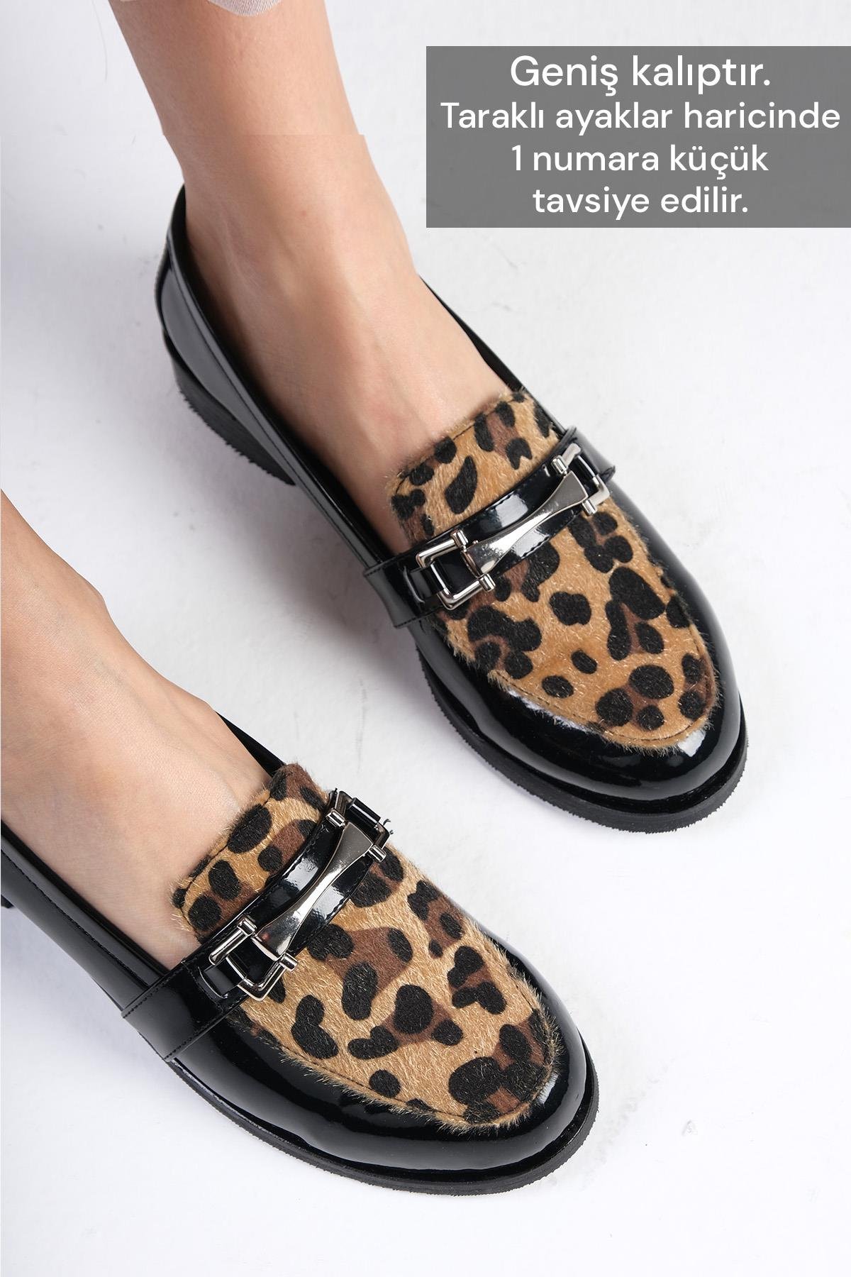 Mio Gusto Siyah Renk Rugan ve Leopar Desenli Oxford Ayakkabı