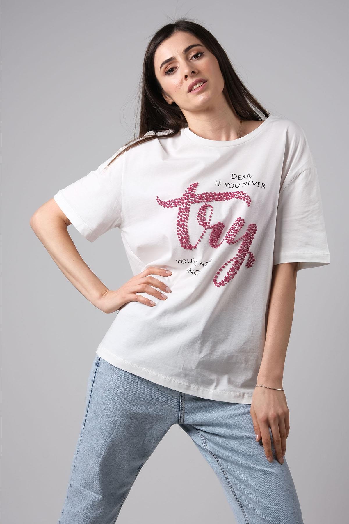 MIOROPA Ekru Renk Oversize Pembe Baskılı Tişört-Tişört -Mioropa-G0059BEK