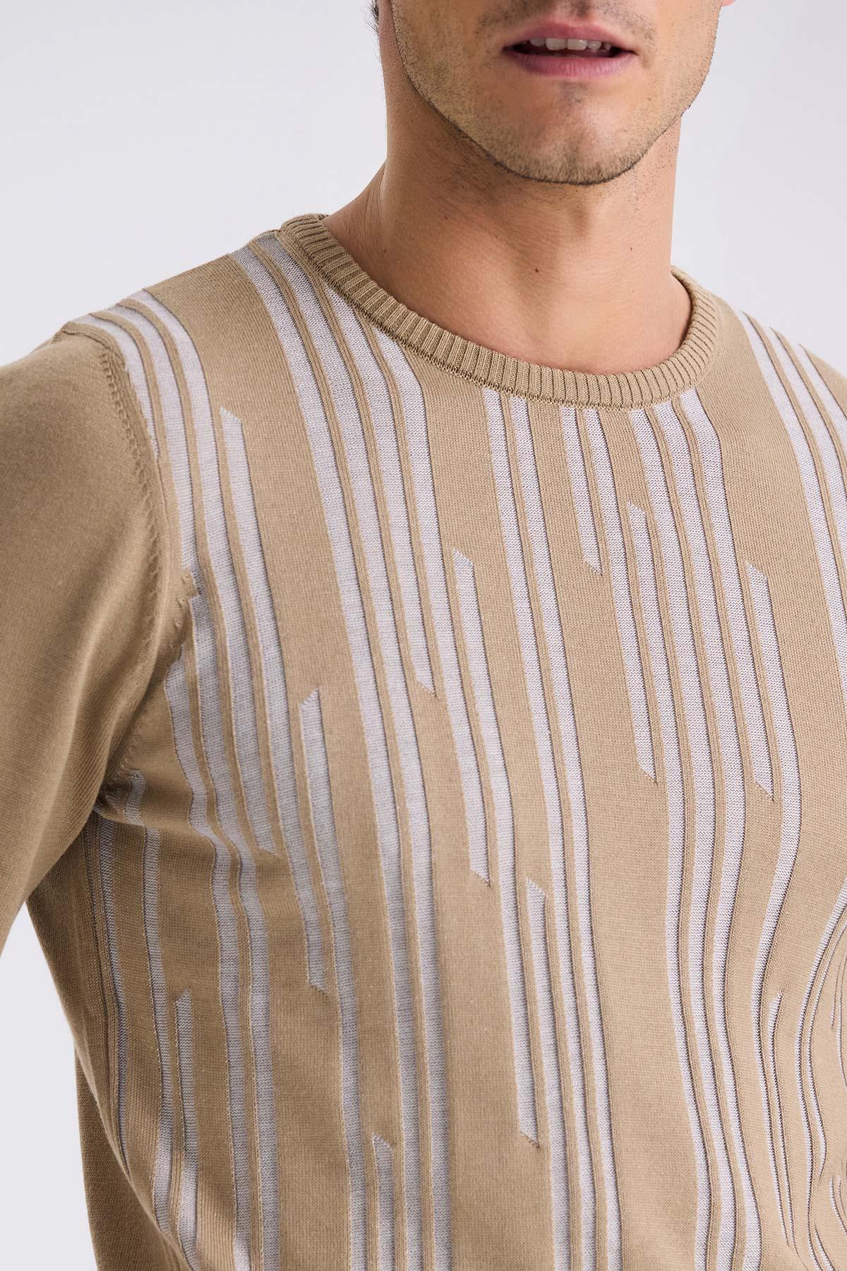Bej Slim Fit Bisiklet Yaka Desenli Triko Kazak
