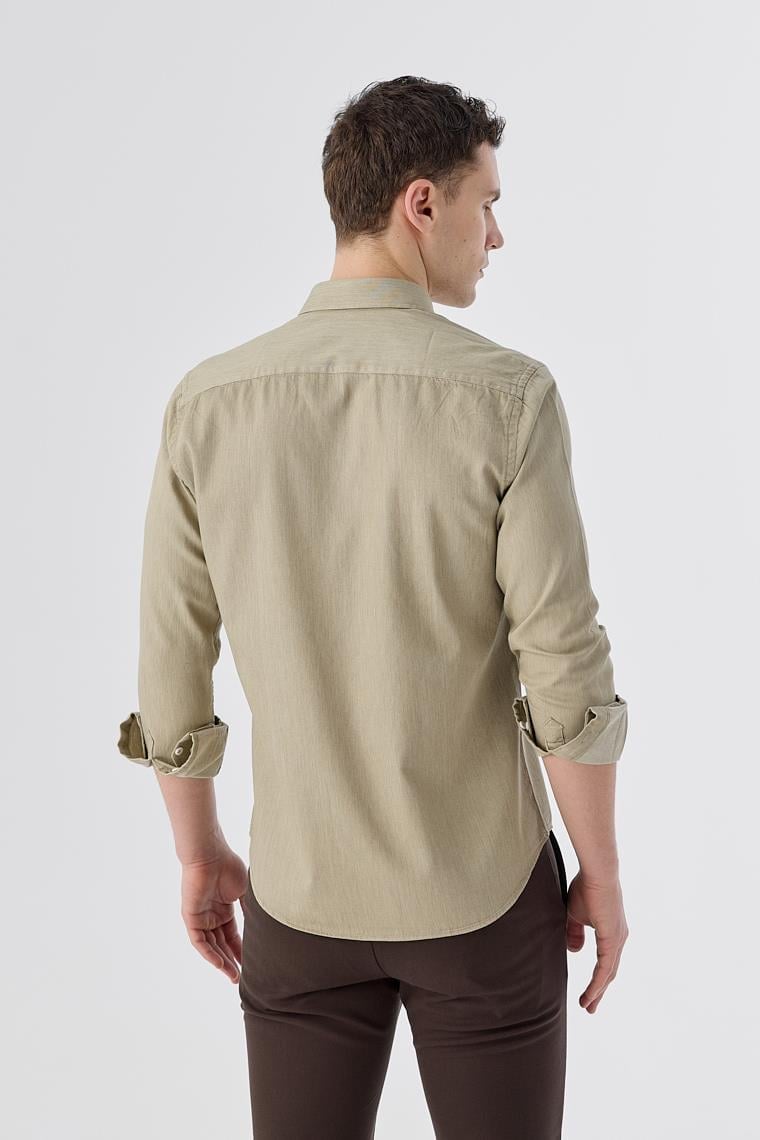 Bej Slim Fit Cepli Düğmeli Yaka %100 Pamuk Gömlek