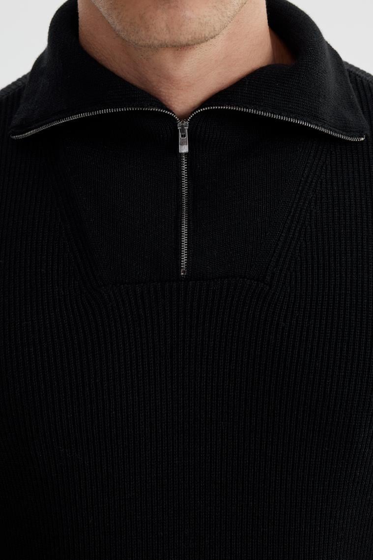 Siyah Slim Fit Yünlü Fermuarlı Yaka Triko
