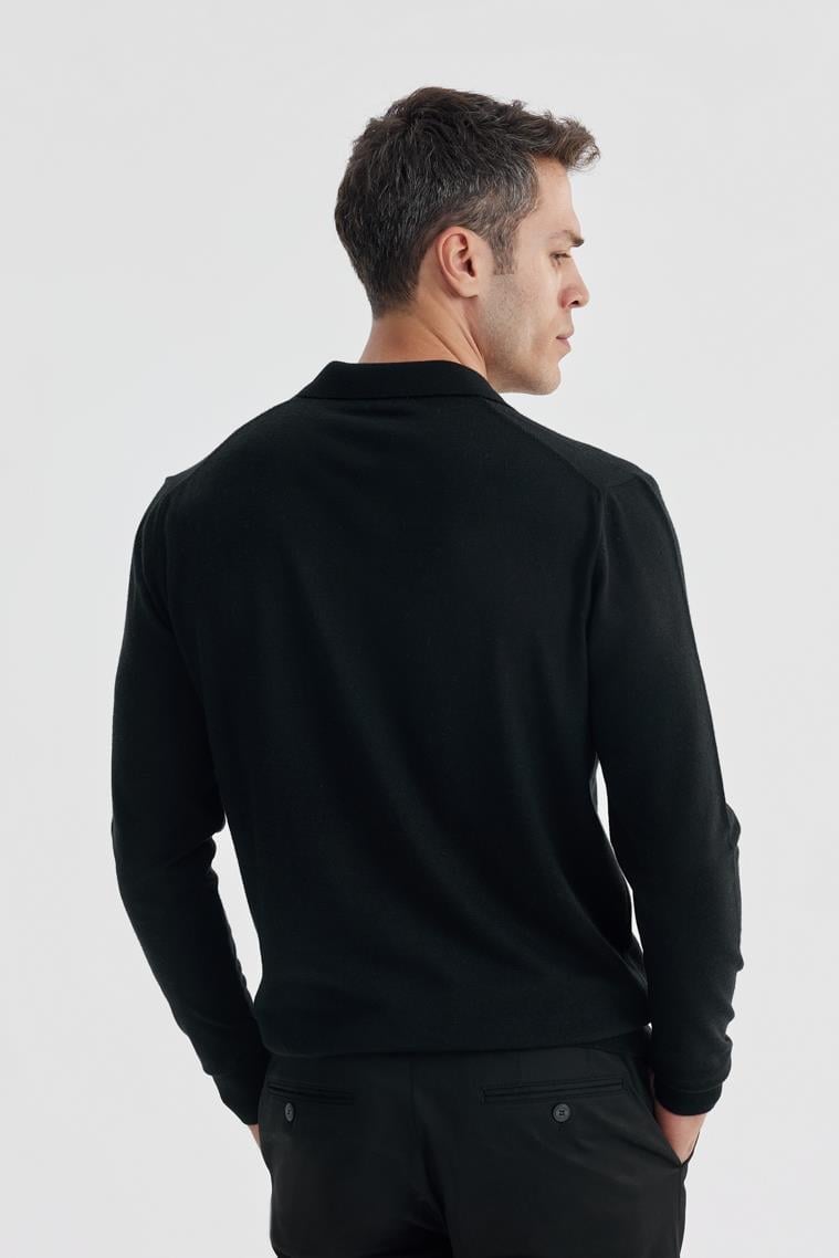 Siyah Slim Fit Polo Yaka Triko Kazak