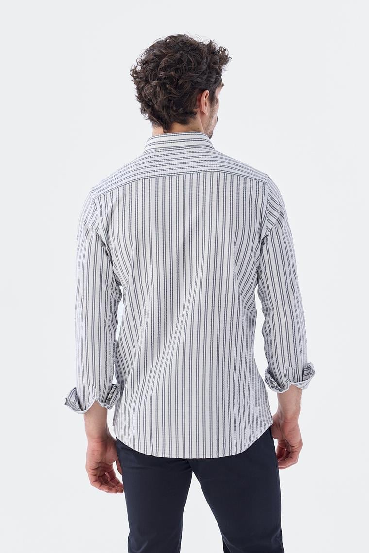 Koyu Lacivert Comfort Fit Desenli Esnek Kumaş Pamuklu Spor Gömlek