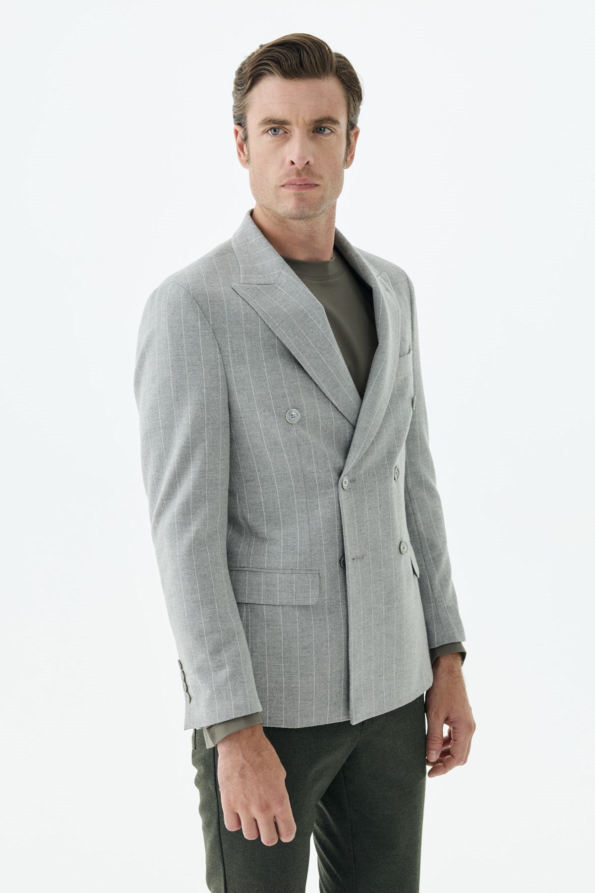 Gri Slim Fit Dik Yaka Kruvaze Ceket