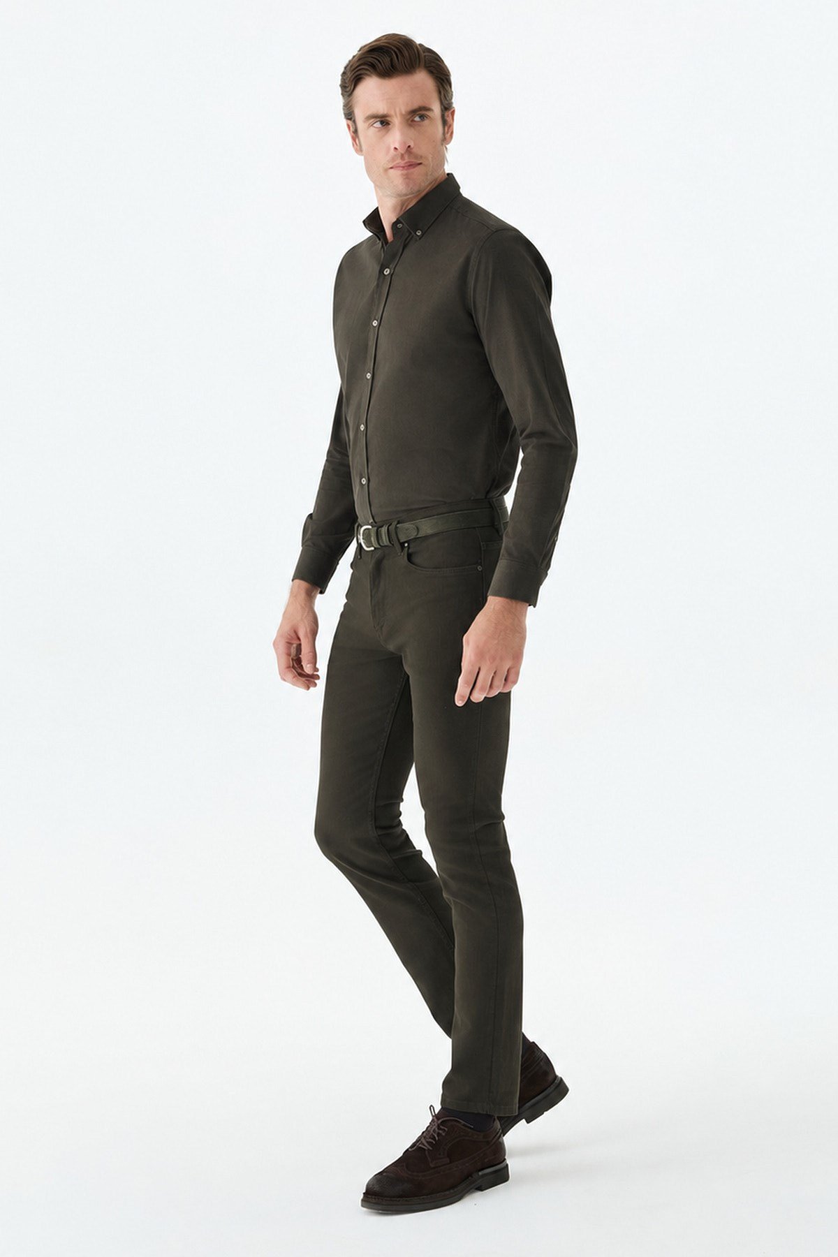 Kahve Comfort Fit %100 Pamuk Kadife Gömlek