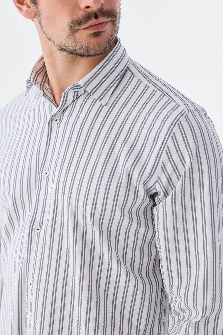 Koyu Lacivert Comfort Fit Desenli Esnek Kumaş Pamuklu Spor Gömlek