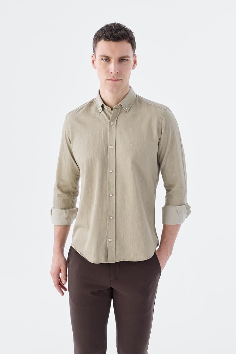 Bej Slim Fit Cepli Düğmeli Yaka %100 Pamuk Gömlek