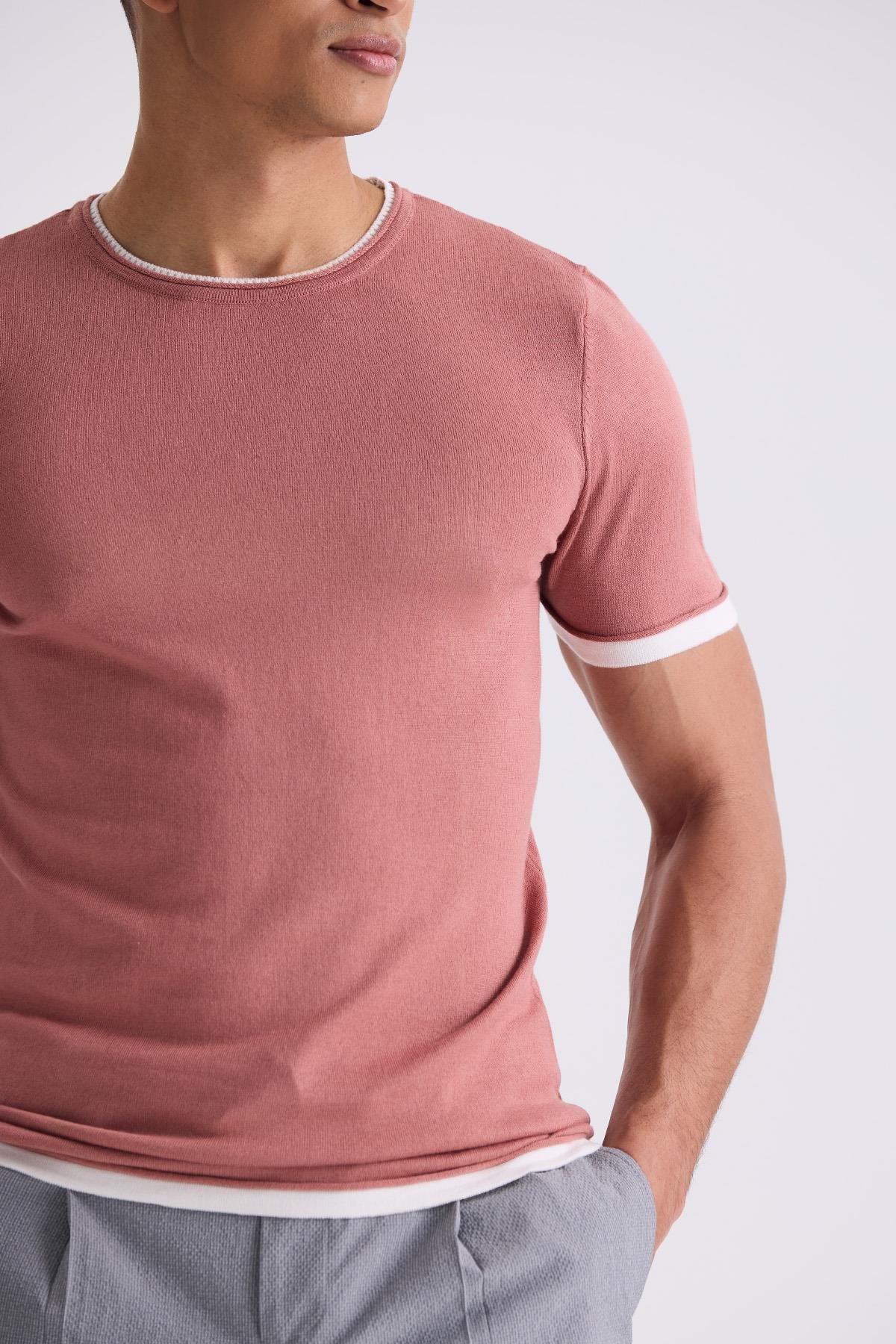 Gül Kurusu Slim Fit Triko Bisiklet Yaka T-Shirt