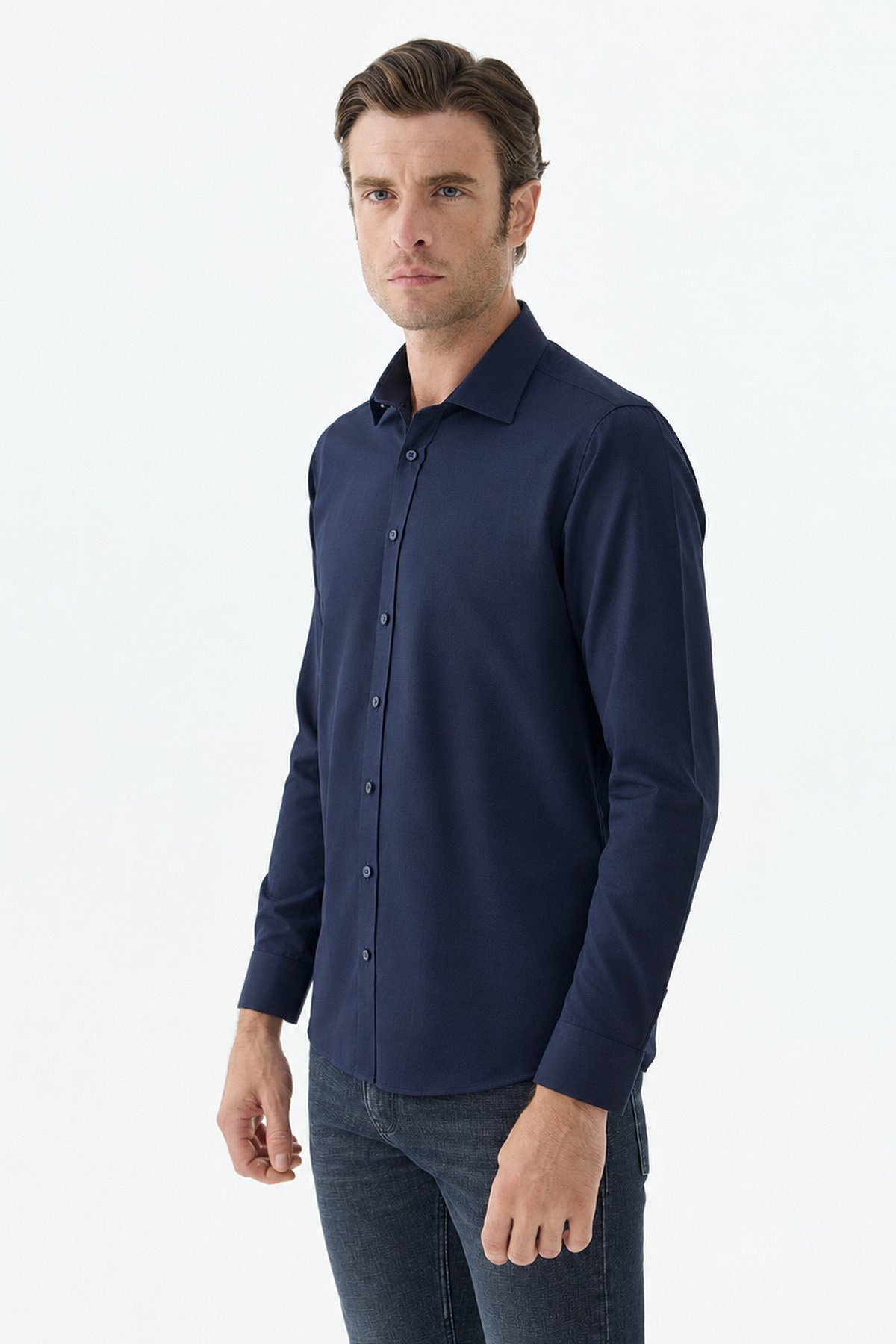Lacivert Comfort Fit Alttan Düğmeli Yaka Desenli Gömlek