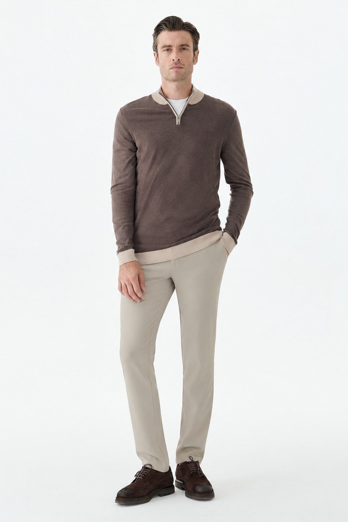 Kahve Slim Fit Fermuarlı Triko Yünlü Kazak