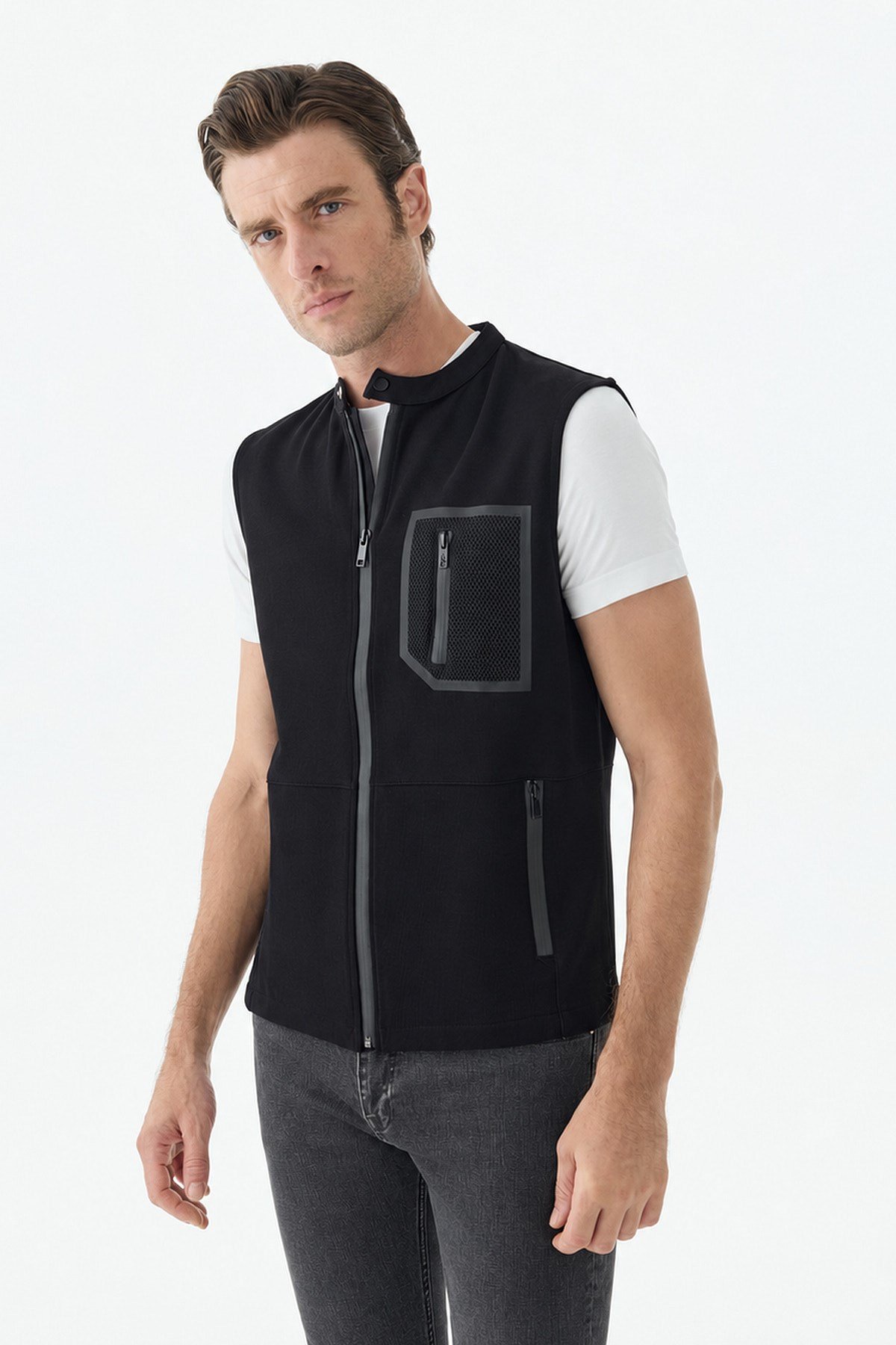 Siyah Slim Fit Cepli Pamuklu Yelek