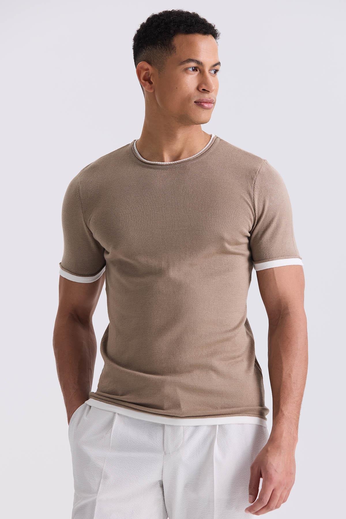 Bej Slim Fit Triko Bisiklet Yaka T-Shirt