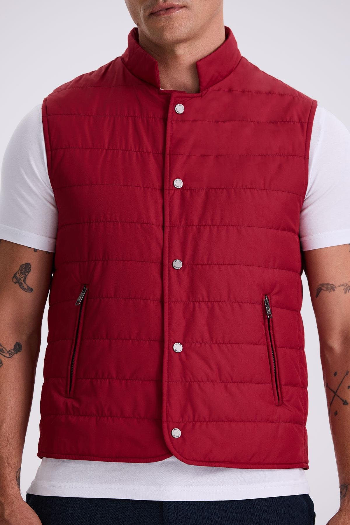 Kırmızı Hakim Yaka Elyaflı Slim Fit Yelek