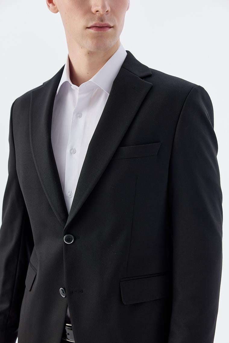 Siyah Slim Fit Mono Yaka Çift Yırtmaç Ceket