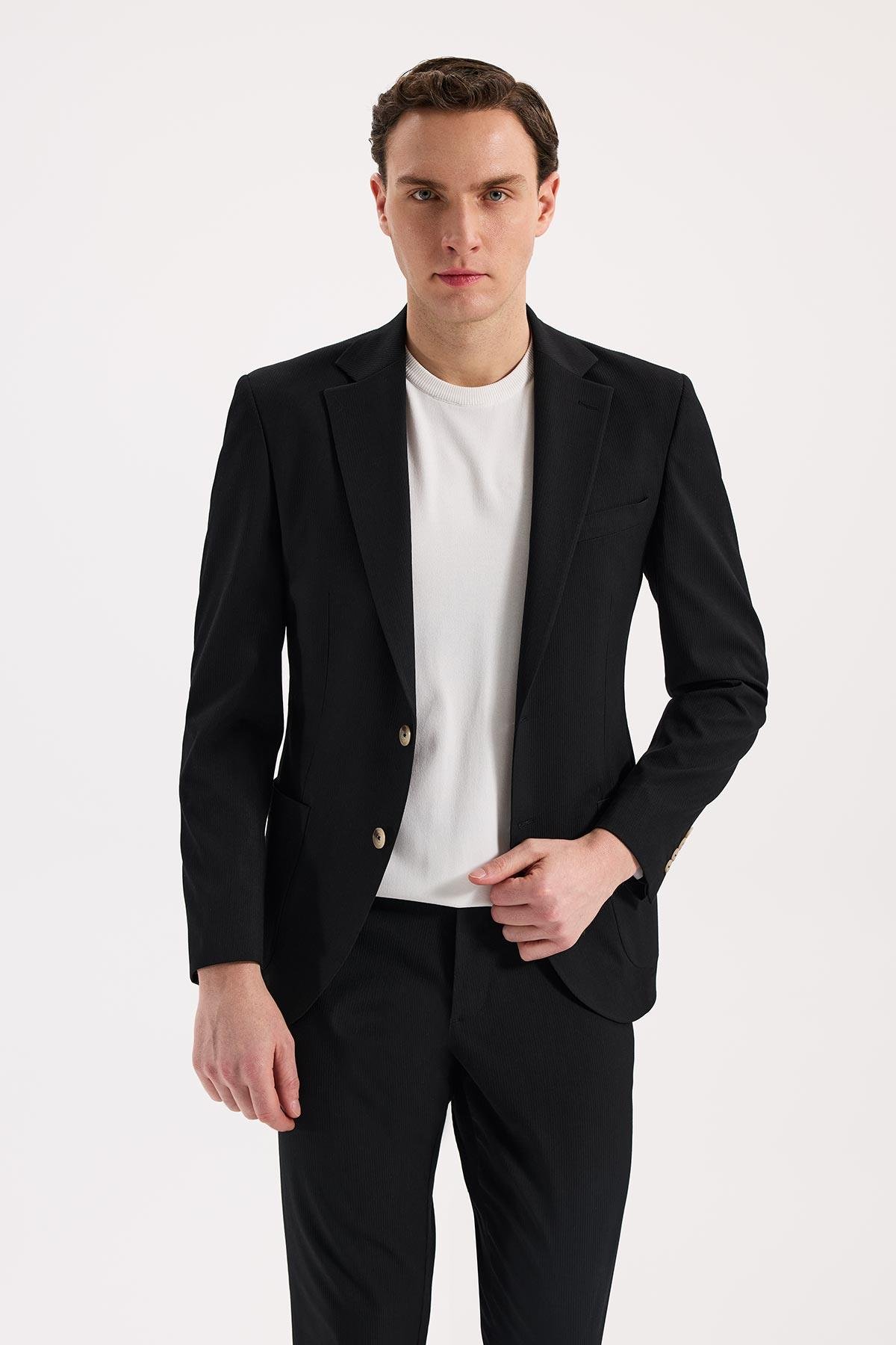 Siyah Slim Fit Mono Yaka Esnek Spor Ceket