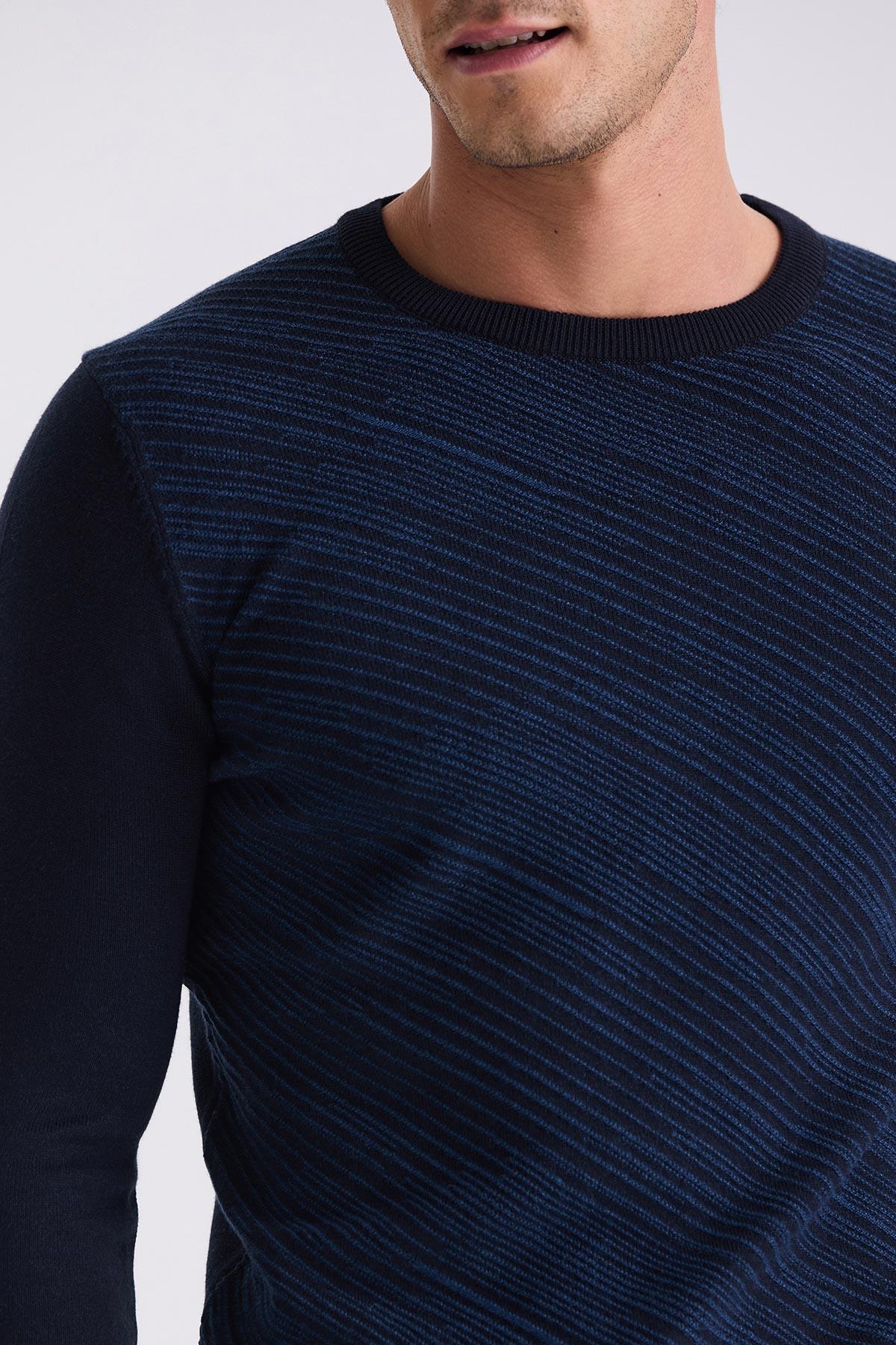 Lacivert Slim Fit Bisiklet Yaka Desenli Triko Kazak