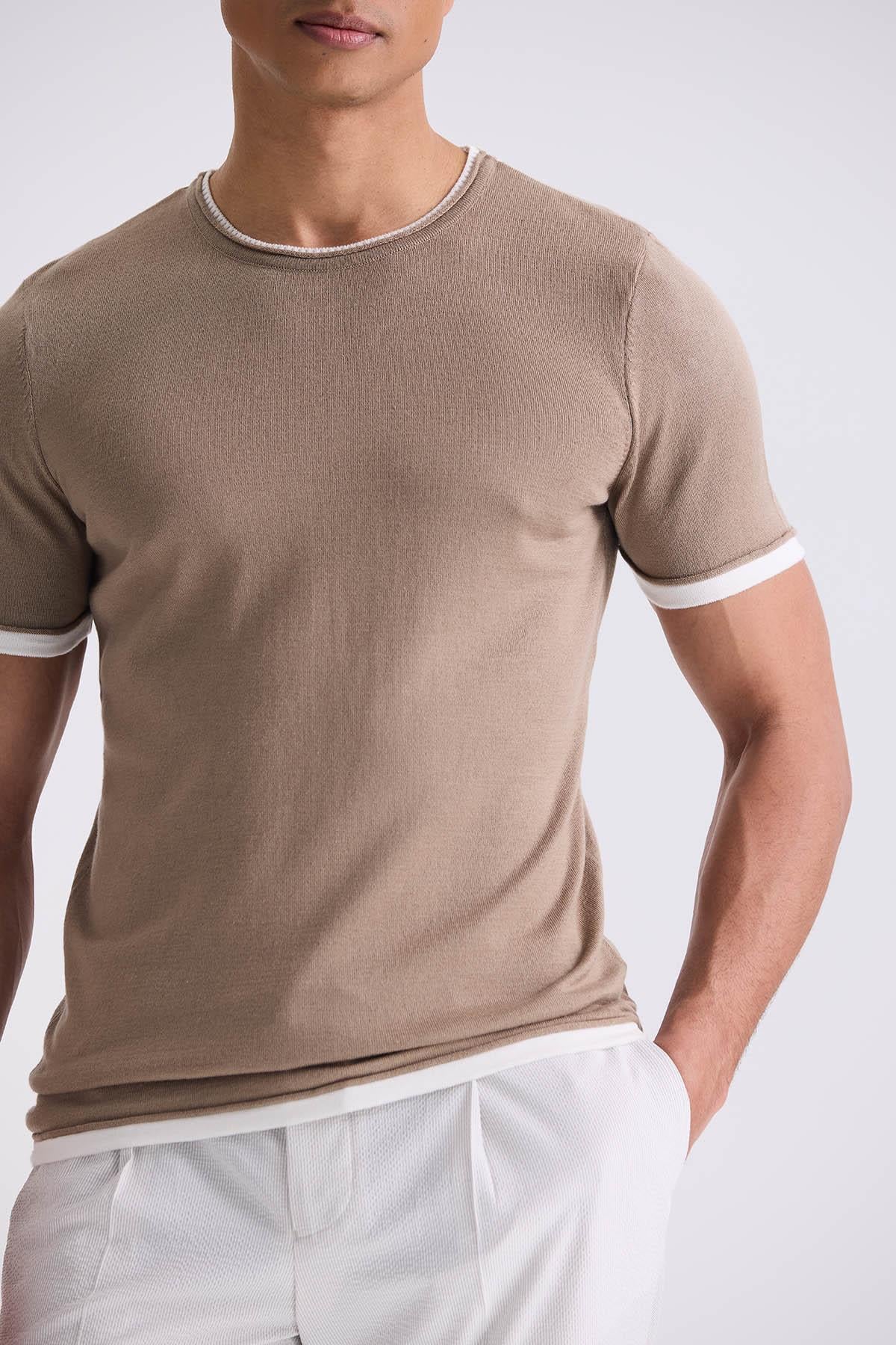 Bej Slim Fit Triko Bisiklet Yaka T-Shirt
