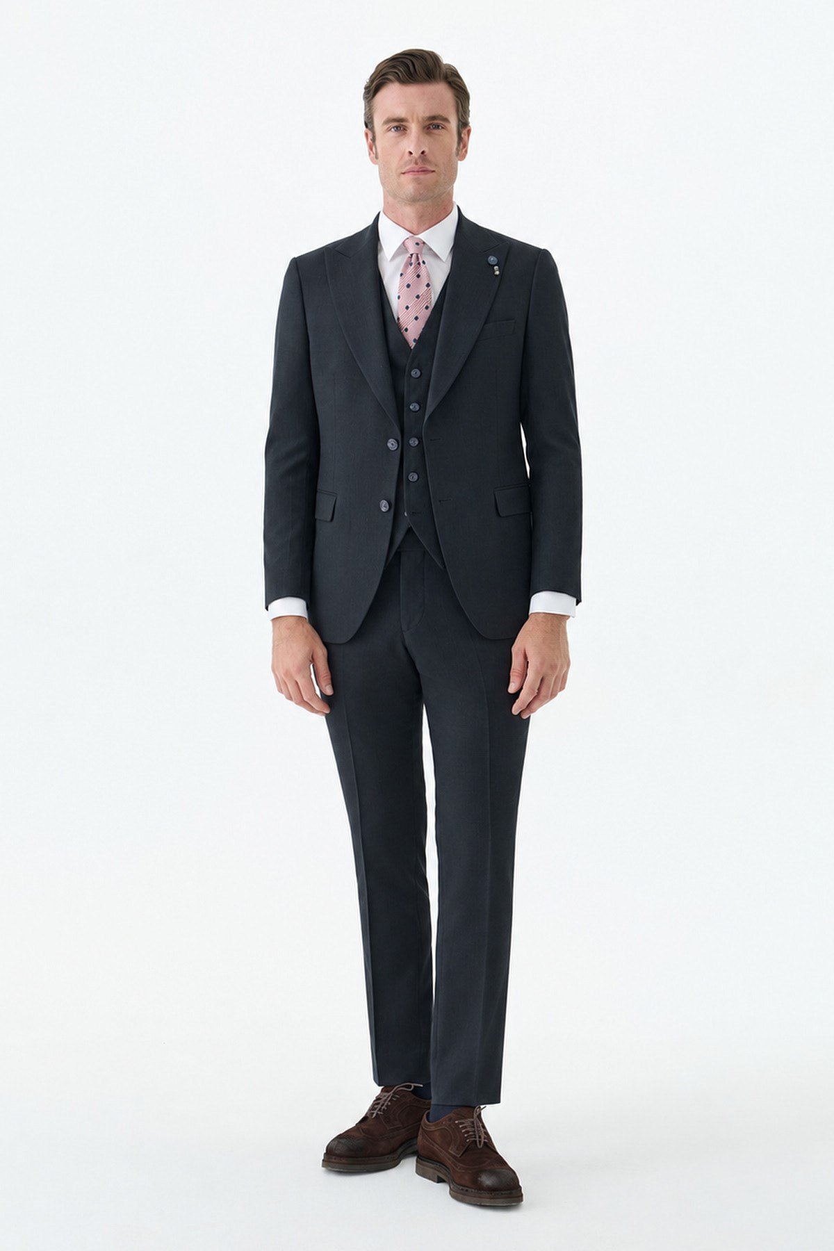 Lacivert Slim Fit Krlangıç Yaka Yelekli Çizgili Takım Elbise