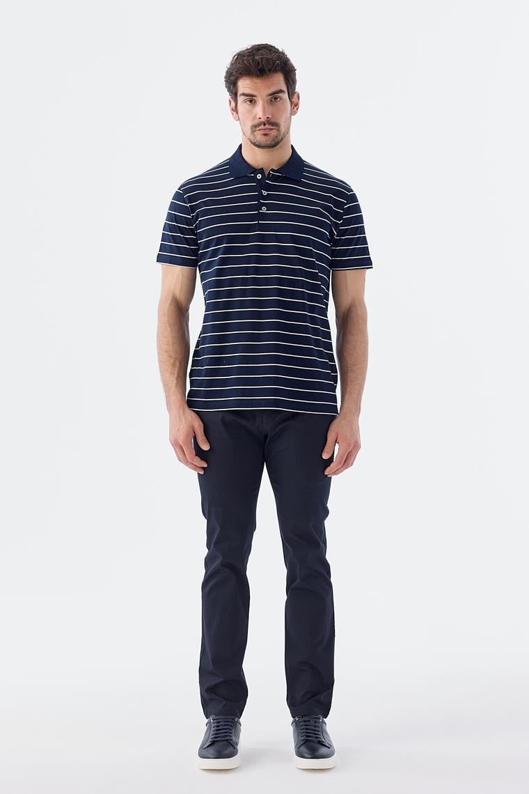 Lacivert Slim Fit Çizgili %100 Pamuk Polo Yaka T-Shirt