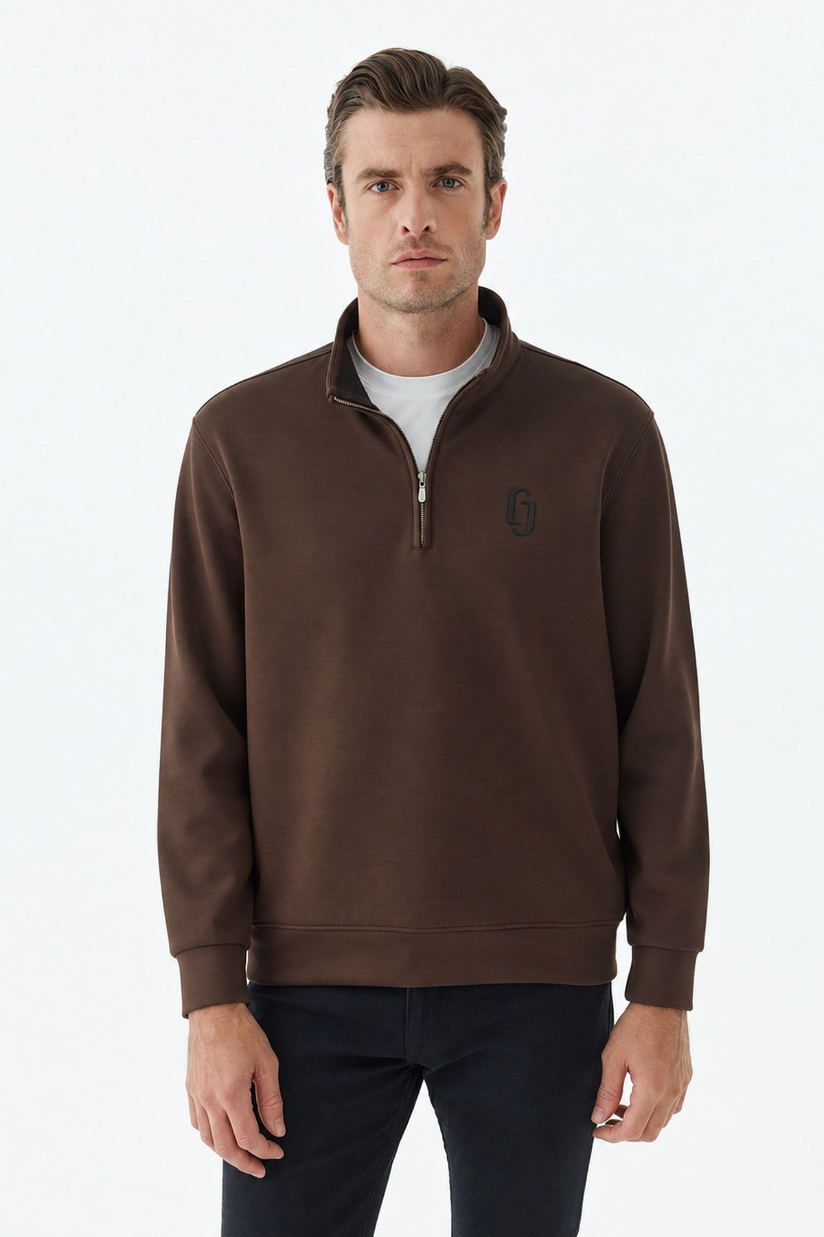 Kahve Comfort Fit Fermuarlı Dik Yaka Rayon Sweatshirt