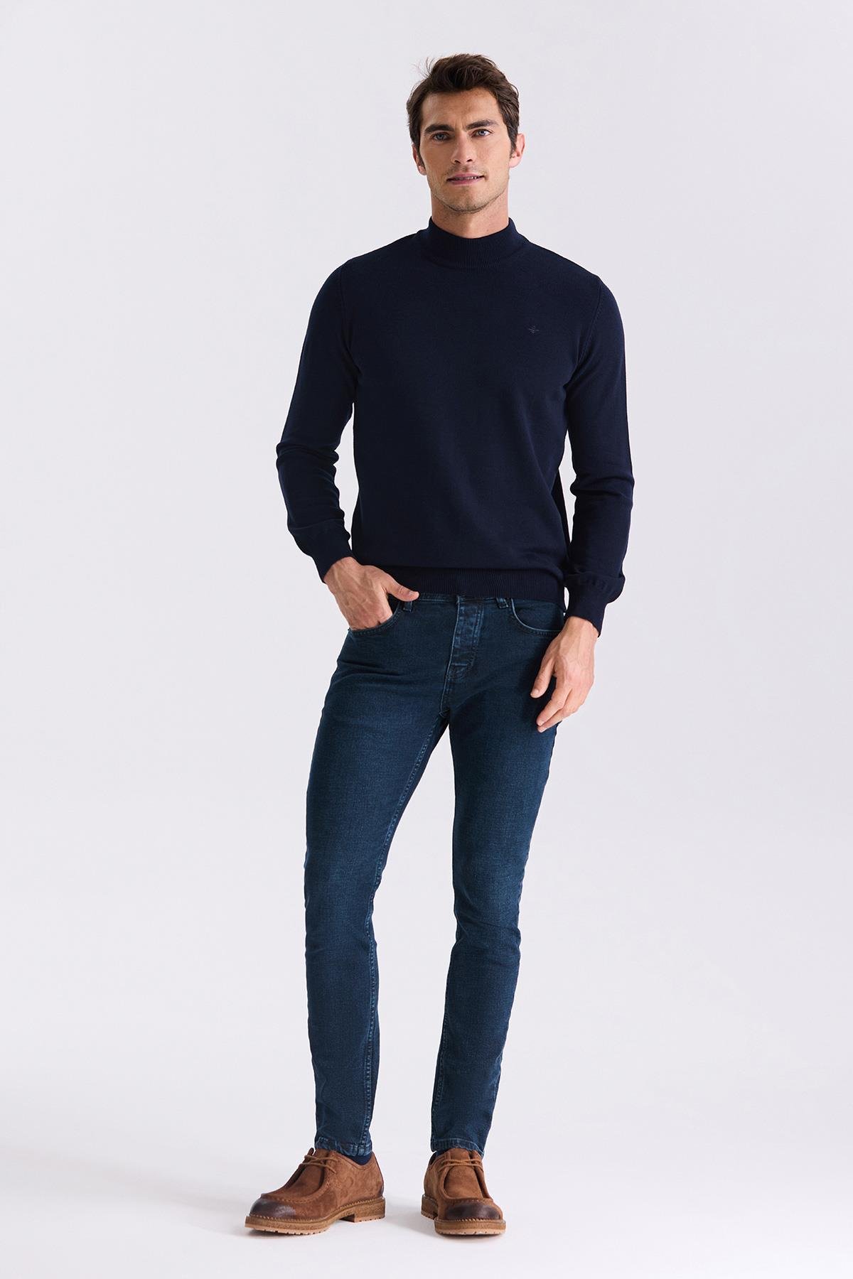 Lacivert Slim Fit Yarım Balıkçı Triko Kazak