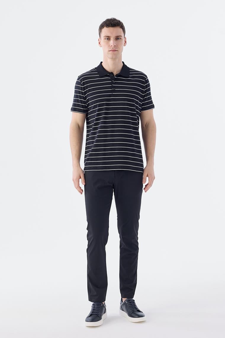 Siyah Slim Fit Çizgili %100 Pamuk Polo Yaka T-Shirt