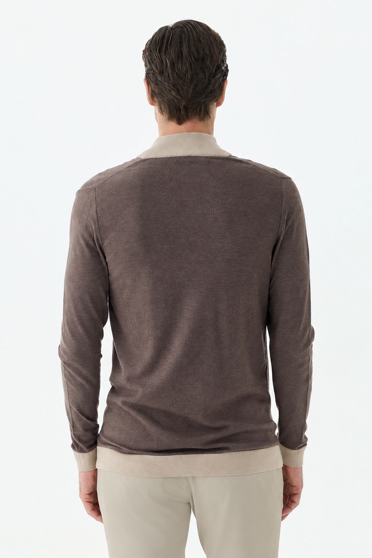 Kahve Slim Fit Fermuarlı Triko Yünlü Kazak