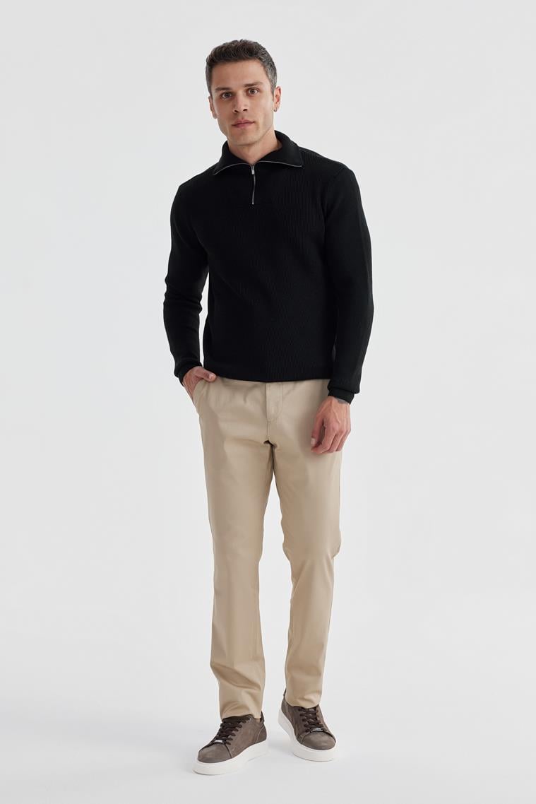 Siyah Slim Fit Yünlü Fermuarlı Yaka Triko