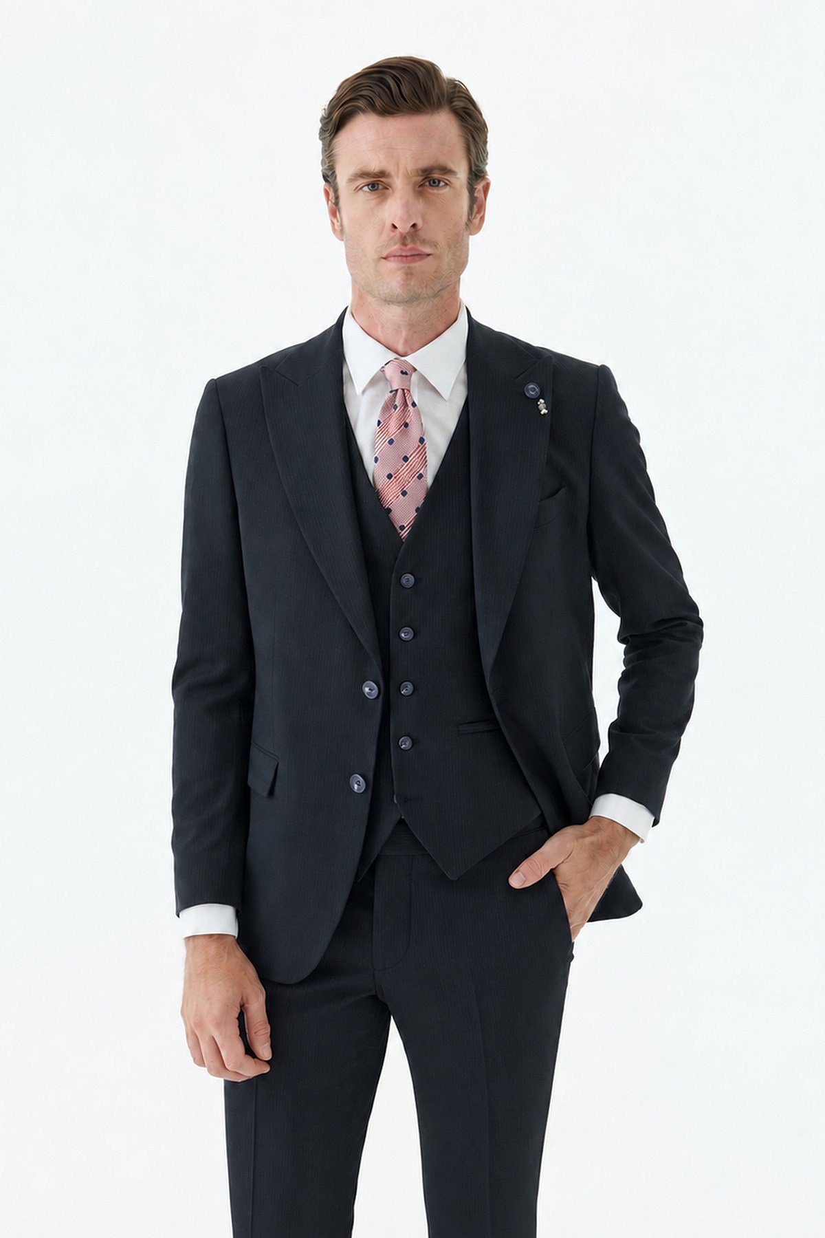 Lacivert Slim Fit Krlangıç Yaka Yelekli Çizgili Takım Elbise