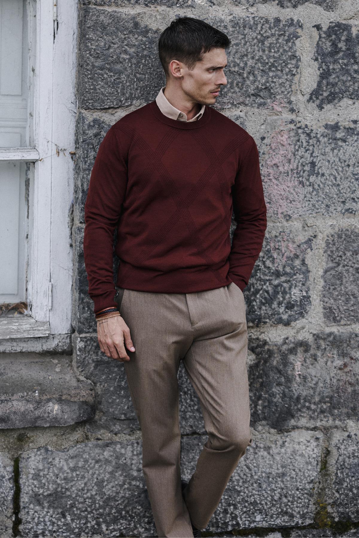 Kiremit Slim Fit Desenli Bisiklet Yaka Triko