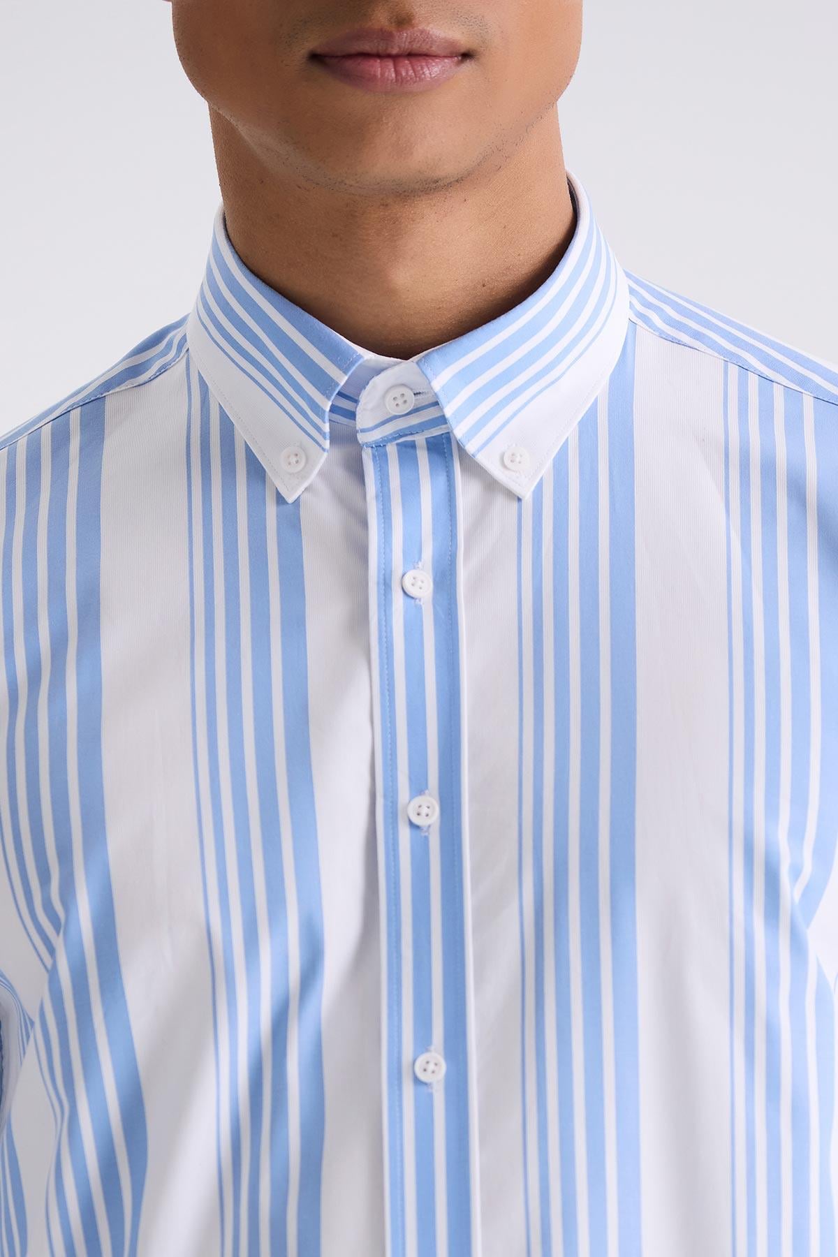Mavi Slim Fit Çizgili %100 Pamuk Gömlek