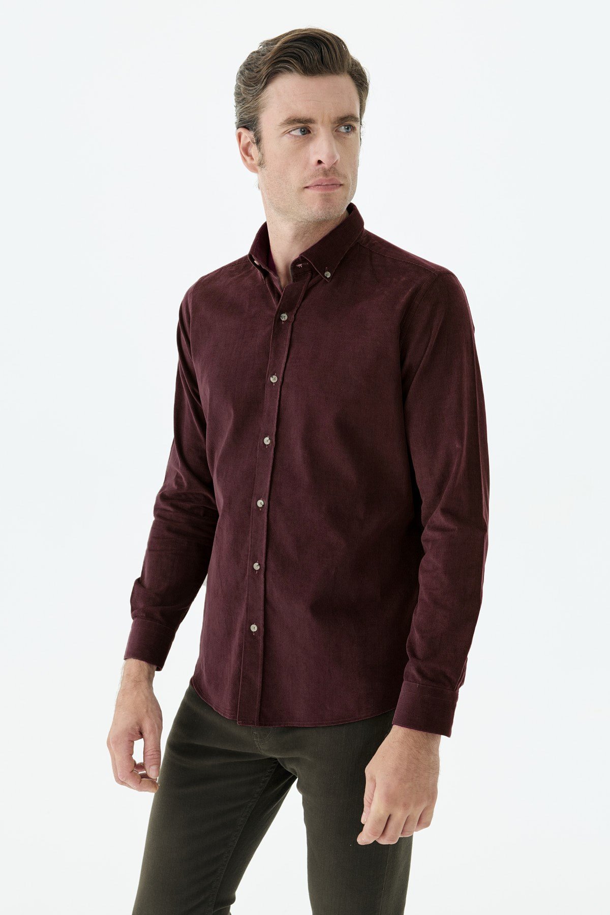 Bordo Comfort Fit %100 Pamuk Kadife Gömlek