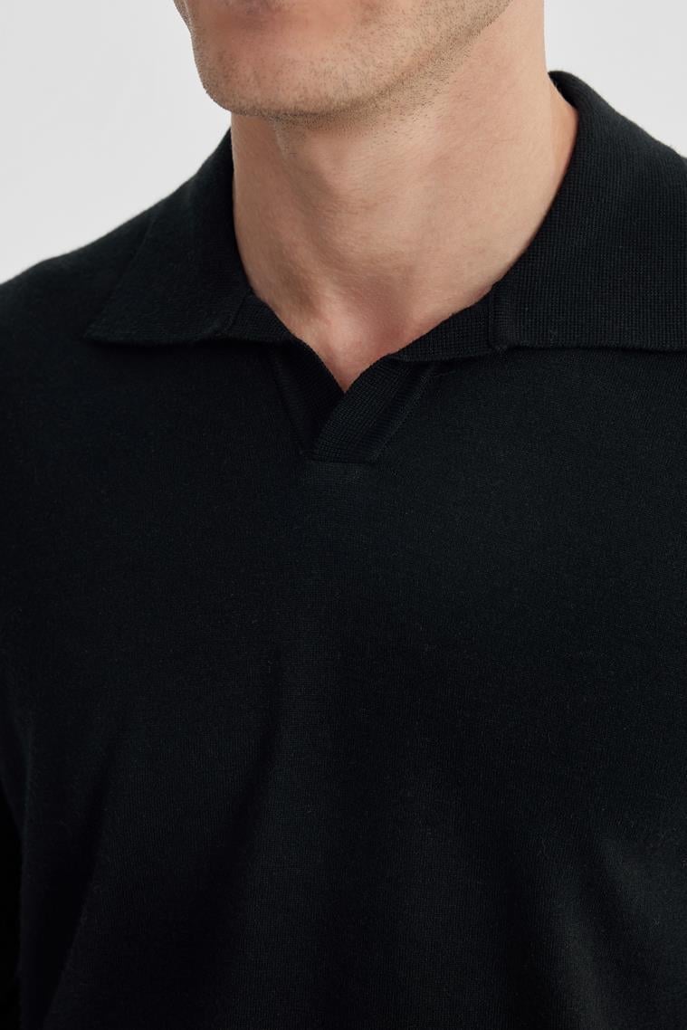 Siyah Slim Fit Polo Yaka Triko Kazak